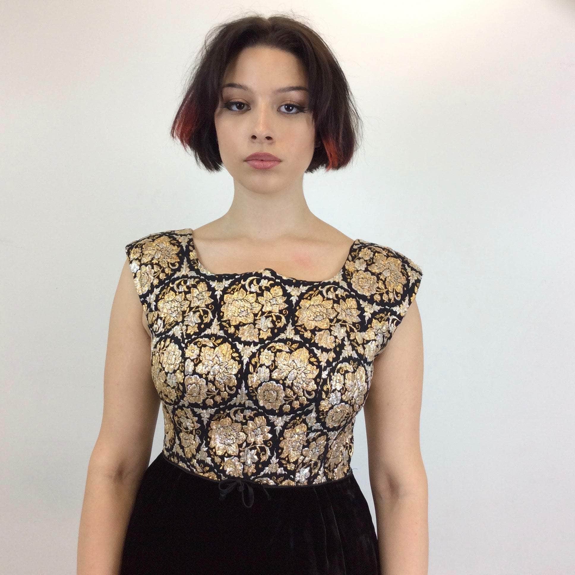 Close up on bodice of 1950s-1960s Metallic Brocade and Black Velvet Dress size Medium sold by bohemevintage.com