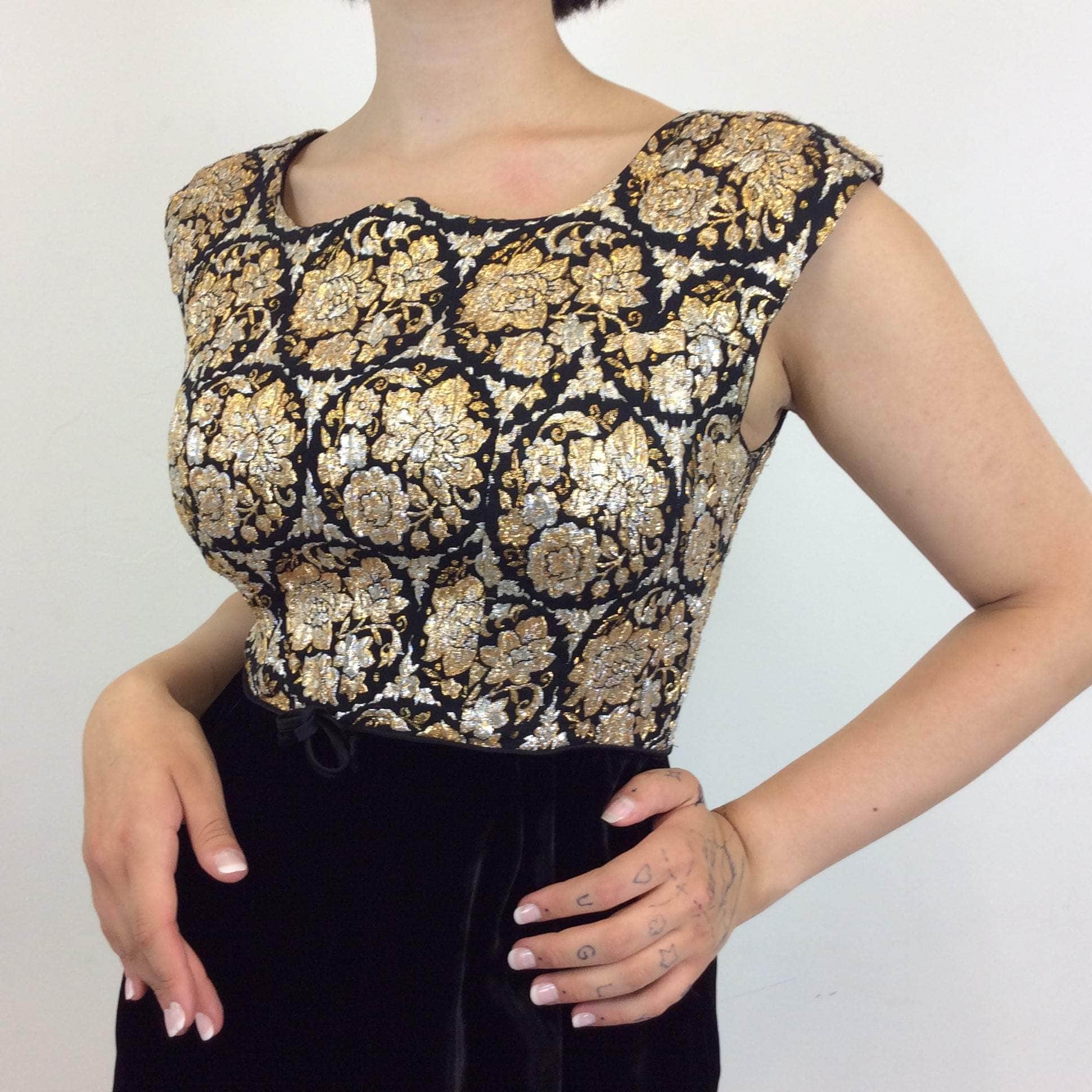 Close up on bodice of 1950s-1960s Metallic Brocade and Black Velvet Dress size Medium sold by bohemevintage.com