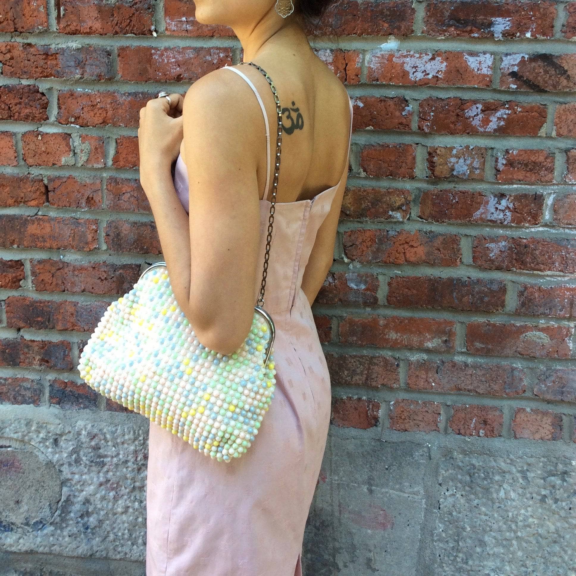 Side view of 1950s/60s Antique Rose Cotton Jacquard Midi Slip Dress Size Small sold by bohemevintage.com Montréal