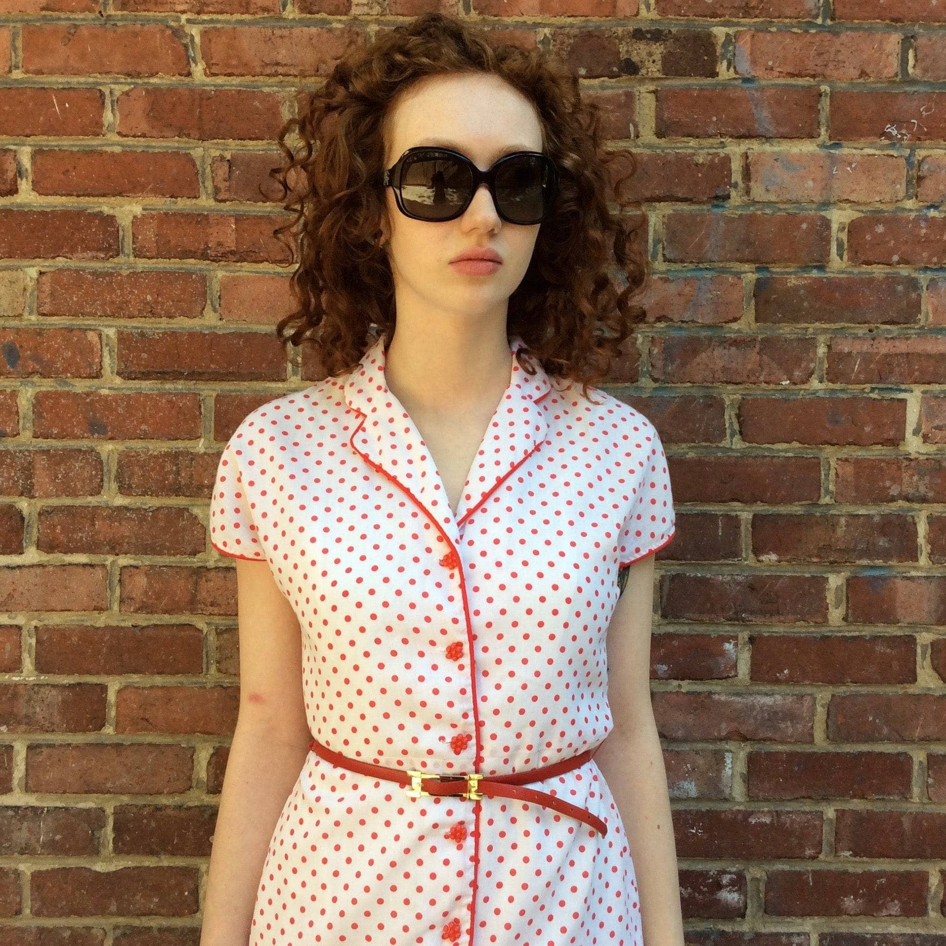 Upper Front View of 1950s-60s Polka-dot Dress sold at bohemevintage.com Montreal