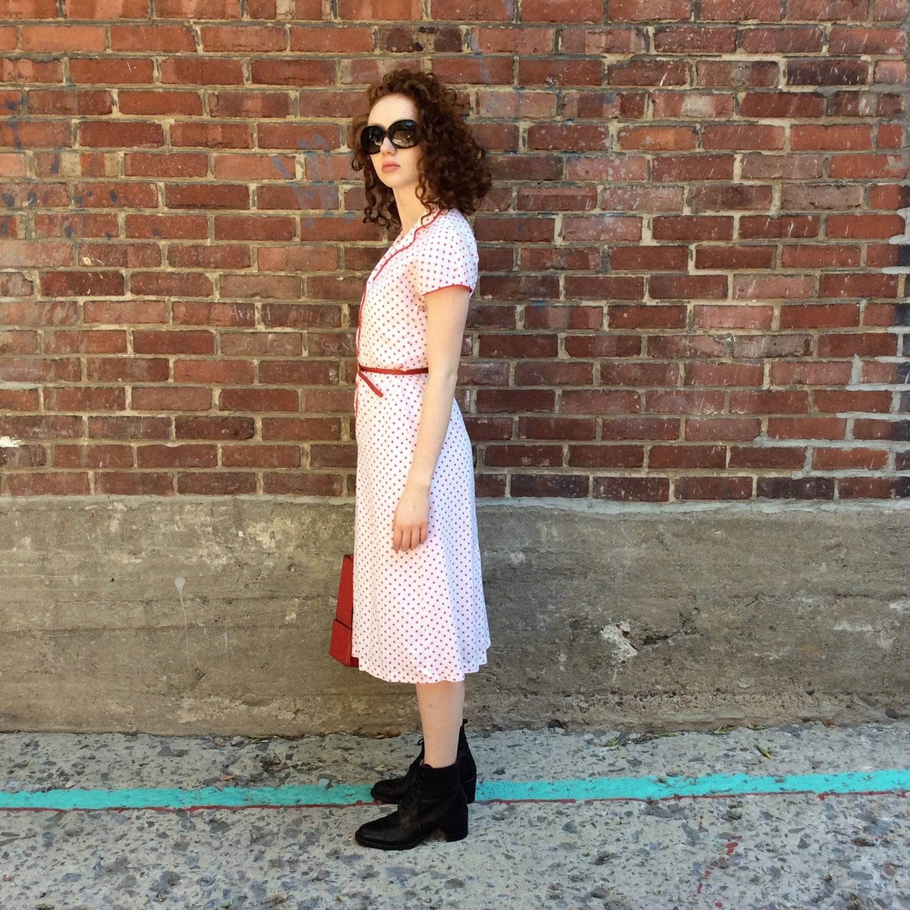 Side View of 1950s-60s Polka-dot Dress sold at bohemevintage.com Montreal