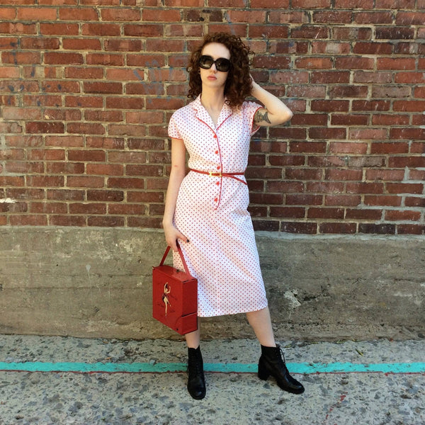 1950s 60s Polka dot Short Sleeve Cotton Dress S M Boh me