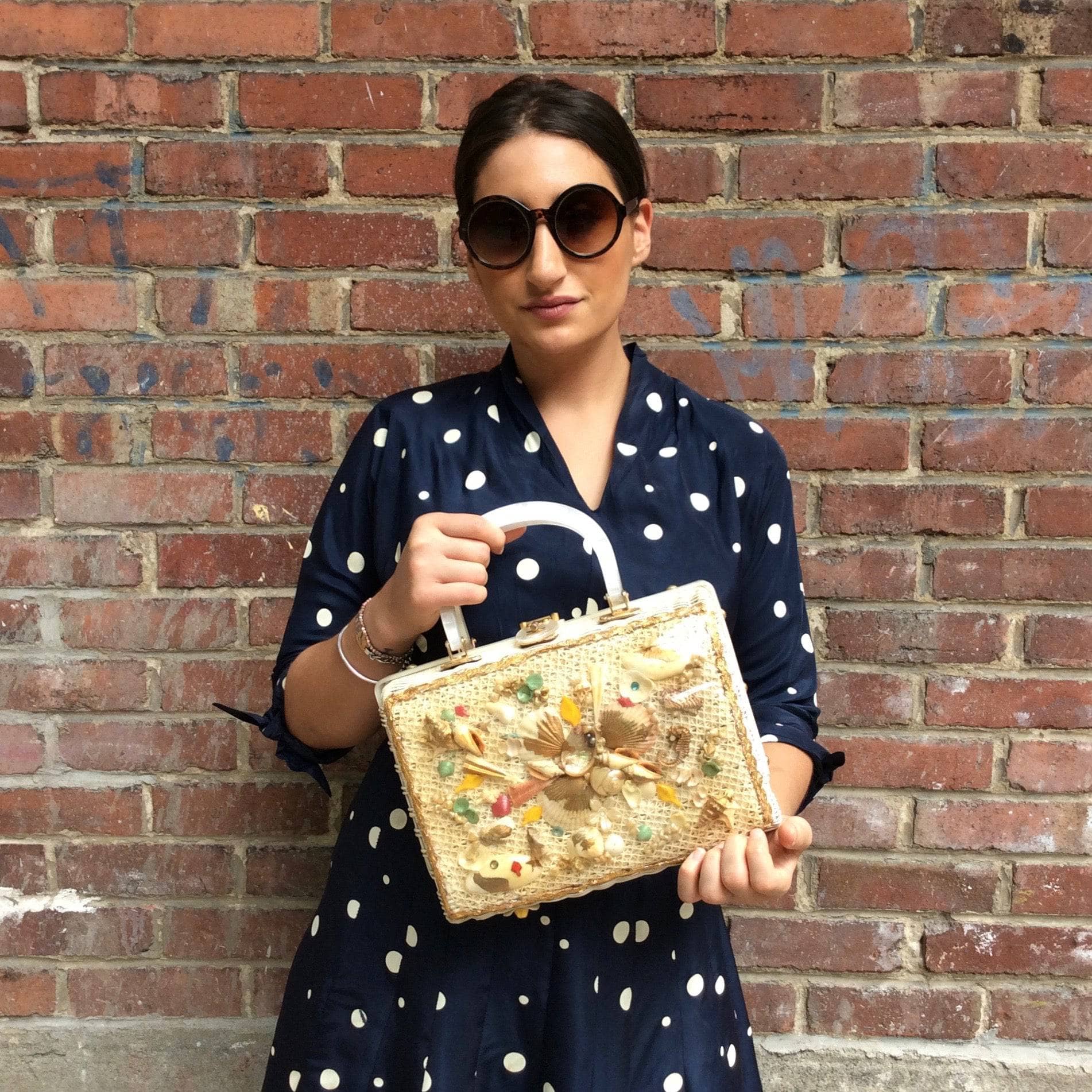 1950s-60s Seashell White Wicker Basket Purse sold by bohemevintage.com Montreal