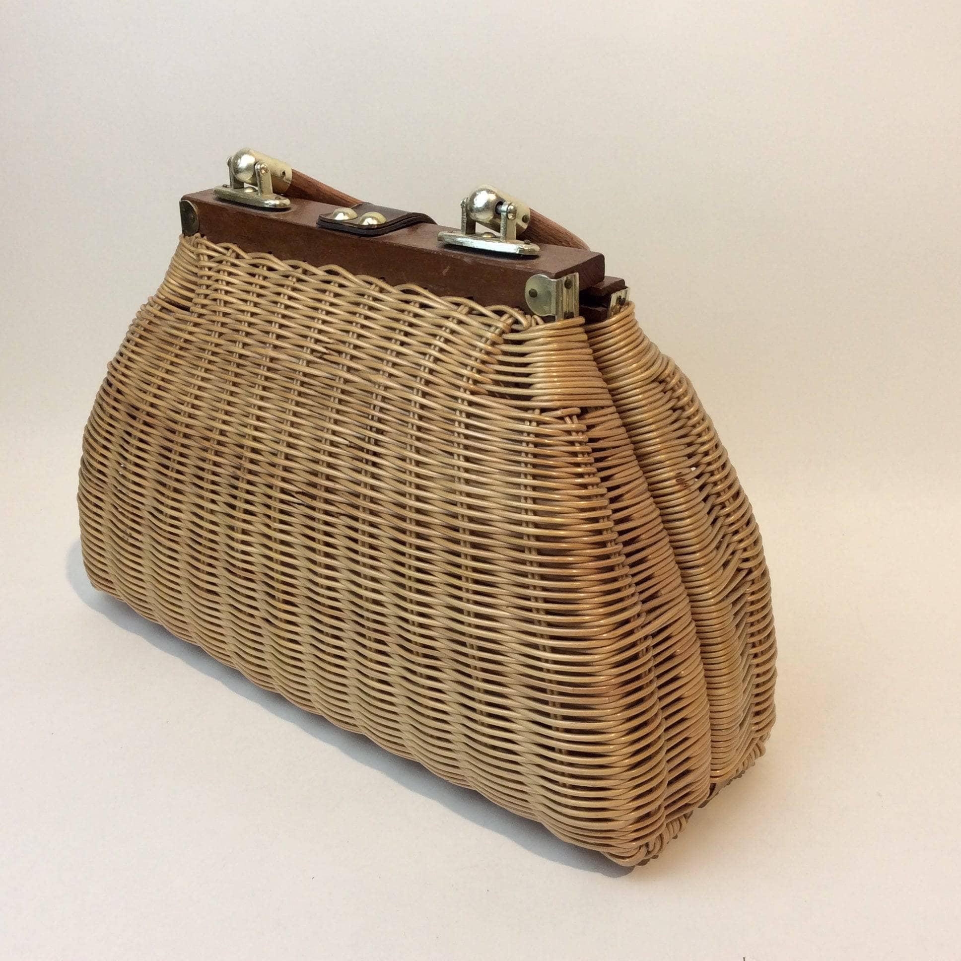 1950s-60s Wicker Handbag with Wood Frame and Handle