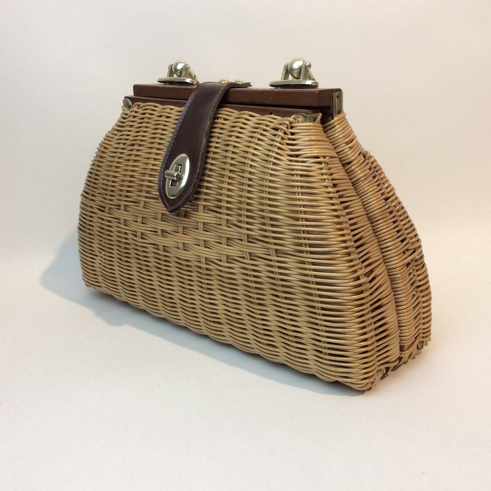 1950s-60s Wicker Handbag with Wood Frame and Handle