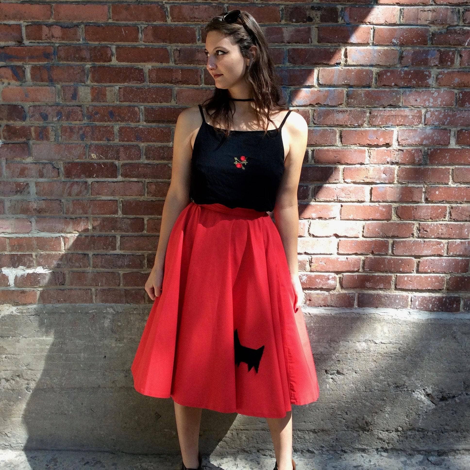 1950s Red Circular Cotton Skirt with Novelty Scottie Dog Applique sold by bohemevintage.com Montreal