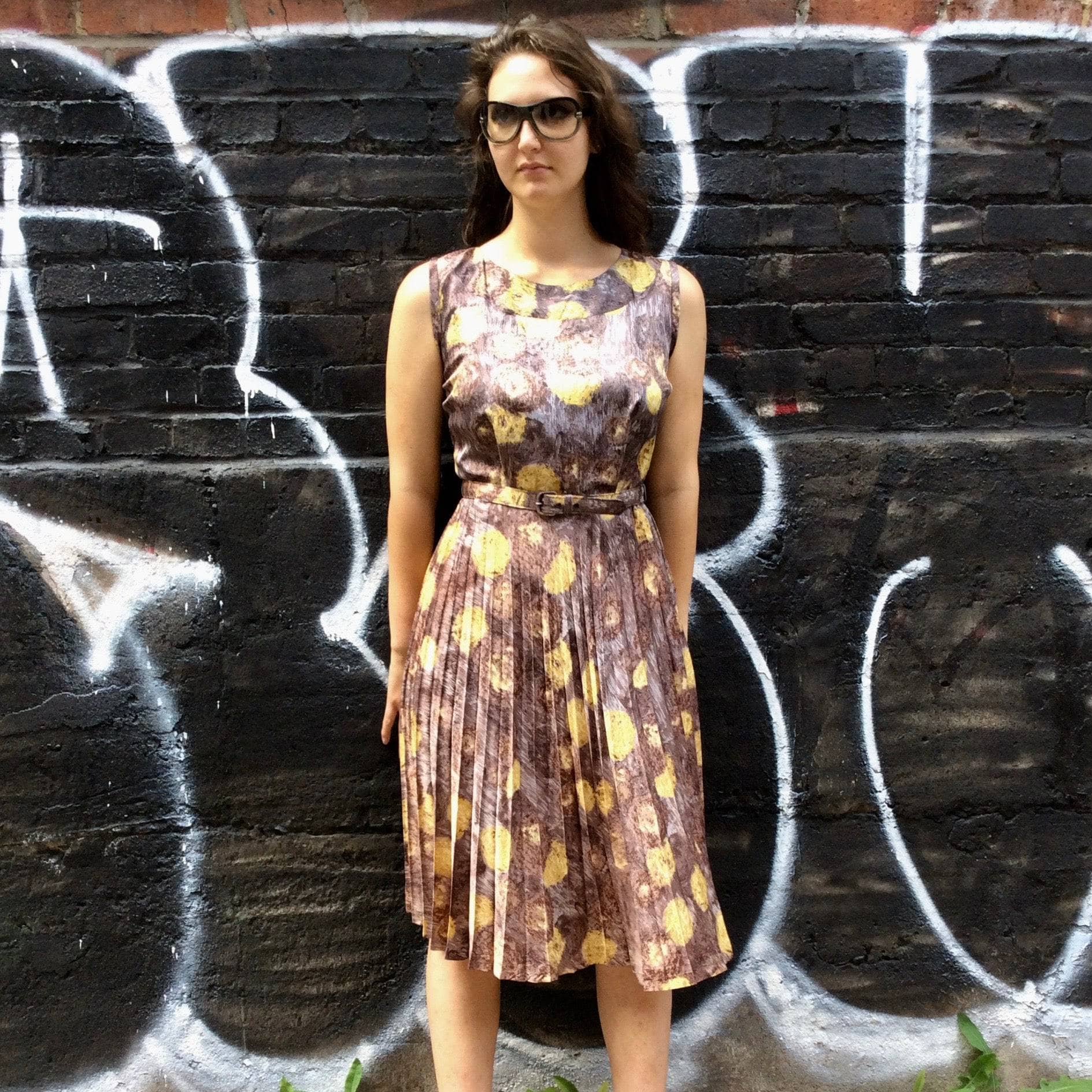 1950s Sunburst Pleated Sleeveless Dress Size Medium sold by bohemevintage.com Montreal