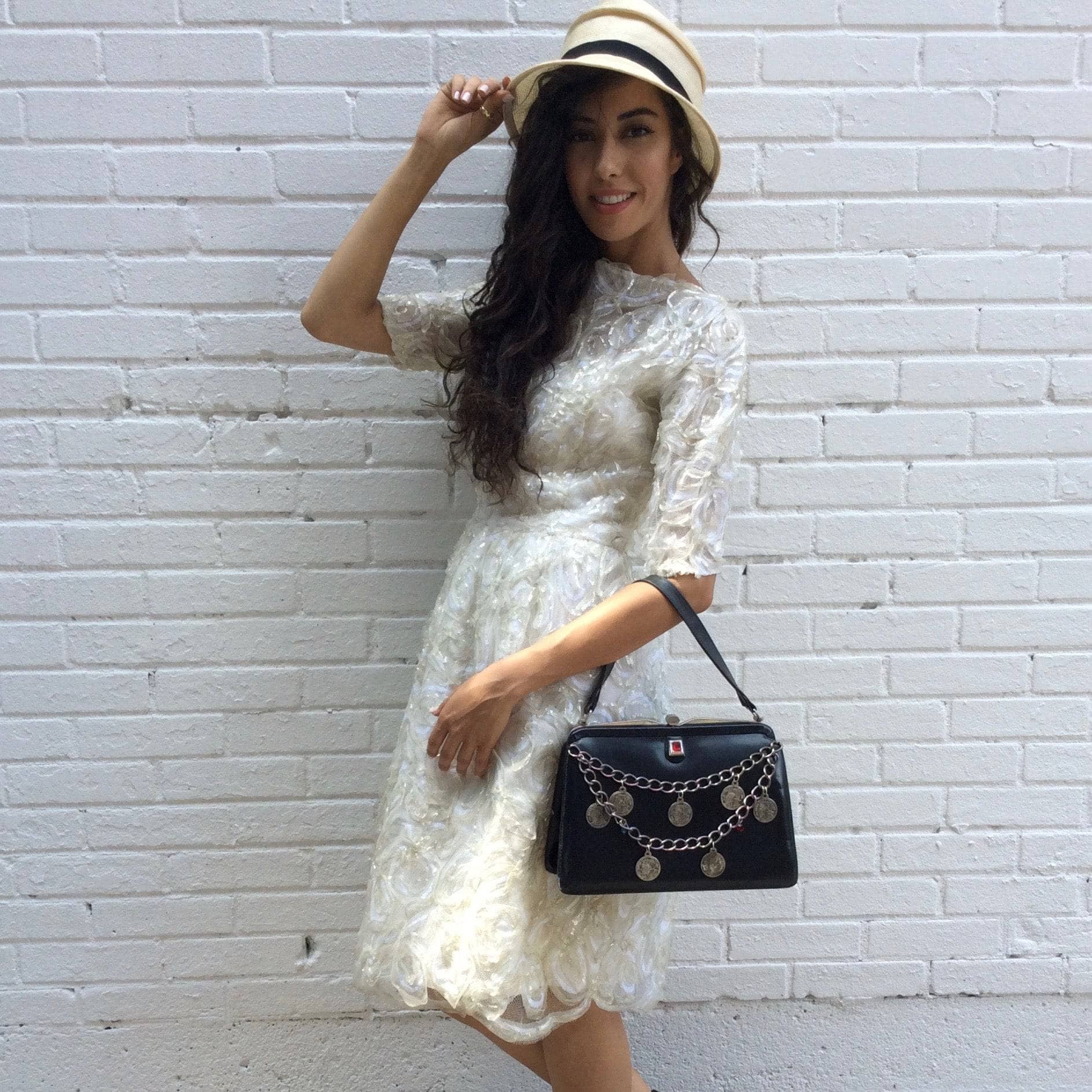 1950s "Capri" Up-cycled Black Leather Frame Handbag sold by bohemevintage.com Montreal