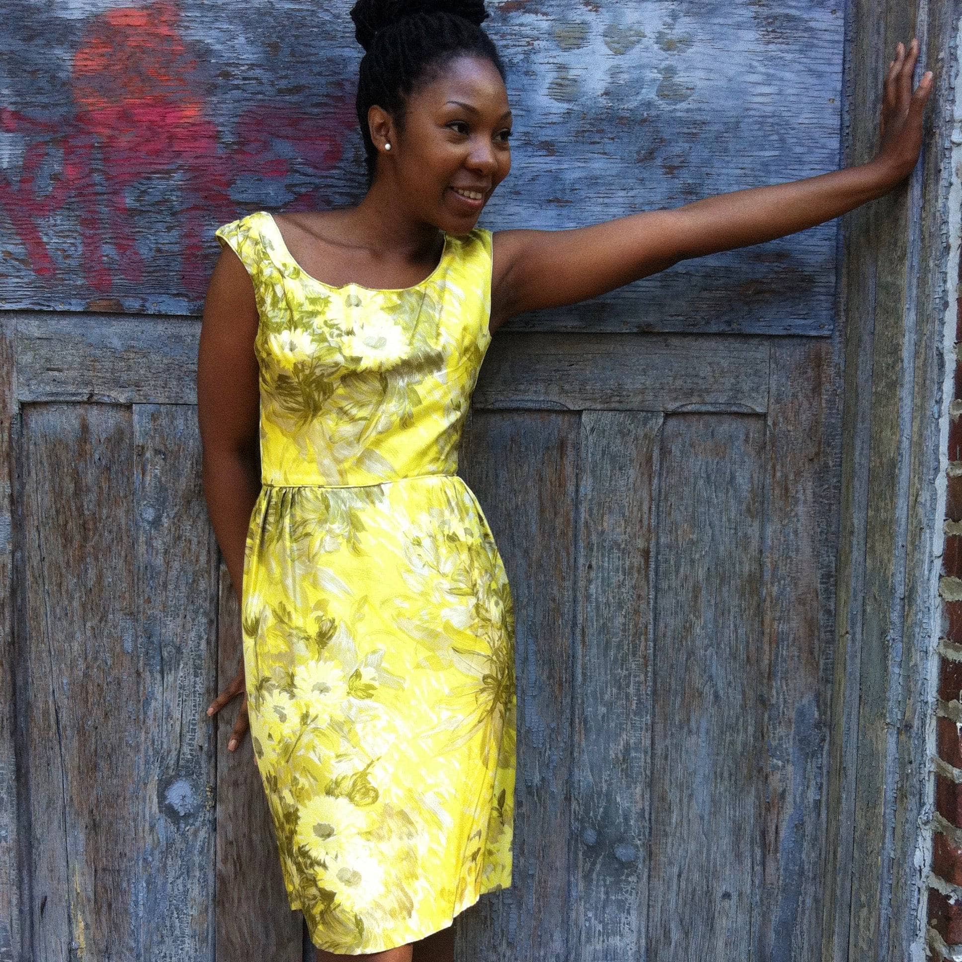 1950s Yellow Silk Floral Print Cocktail Dress Small