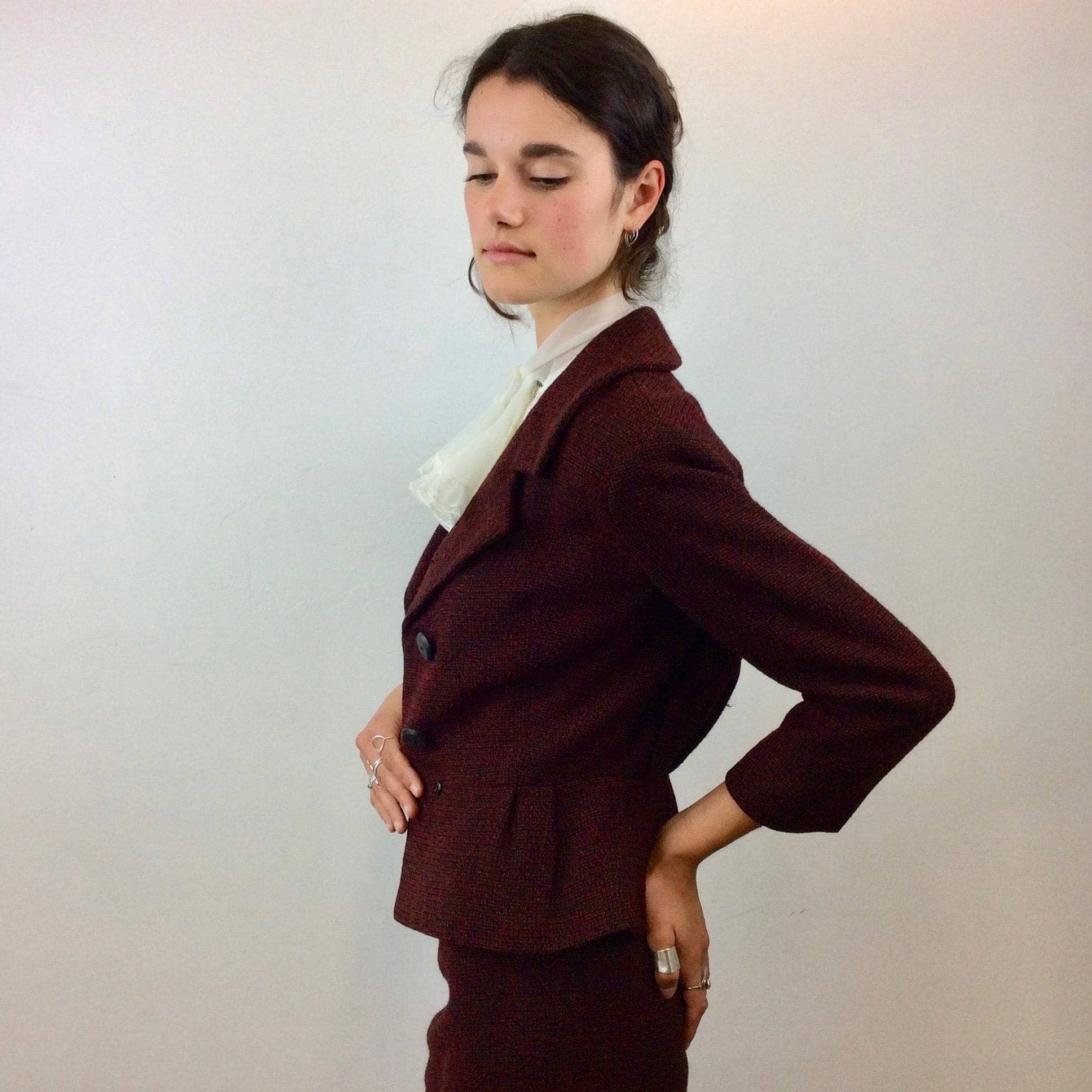 Side view of 1950s Wool Blazer and Skirt Set Size Small-Medium sold by bohemevintage.com Montreal