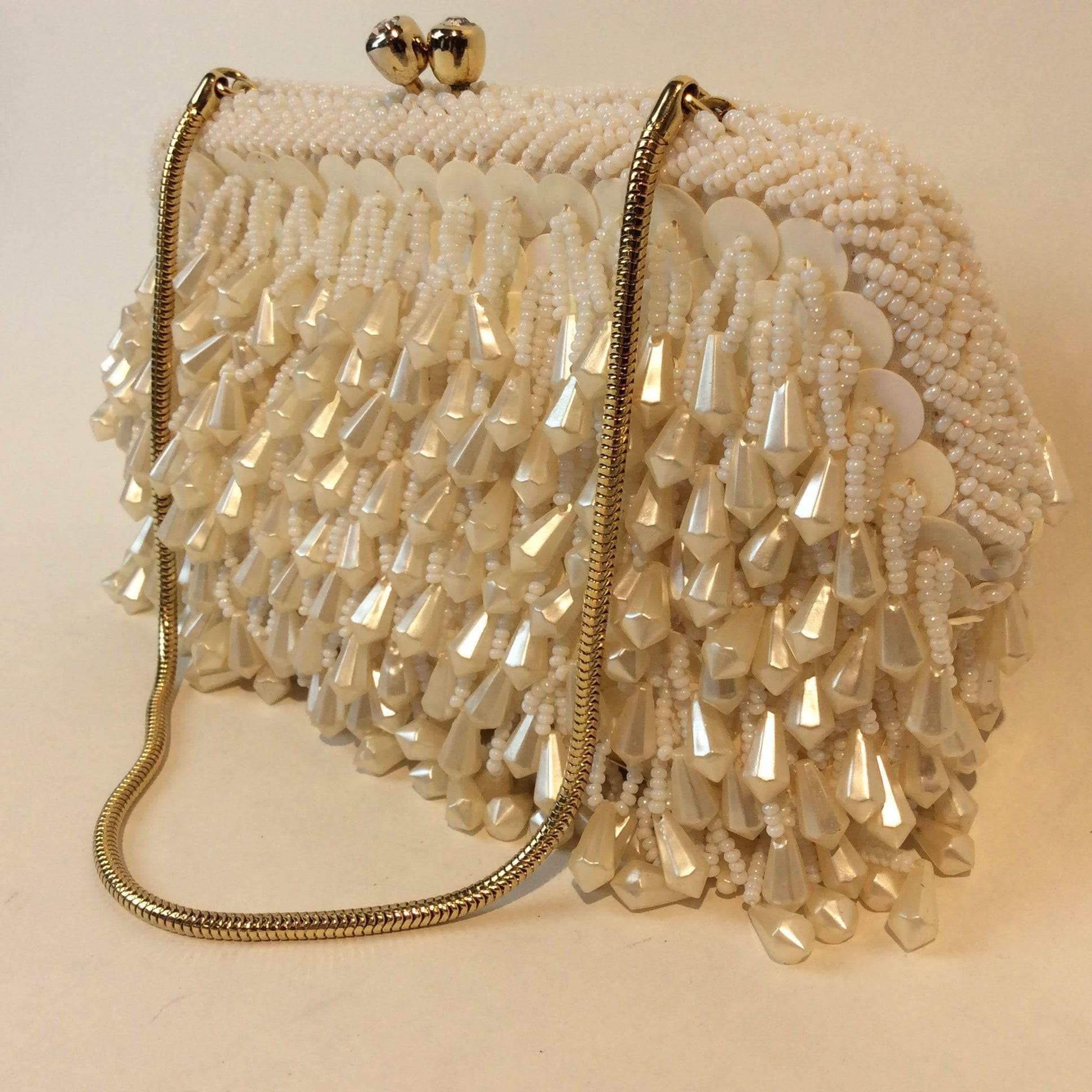1960's "Geo Mercier" Ivory Bead and Sequin Evening Bag Clutch sold by bohemevintage.com Montréal