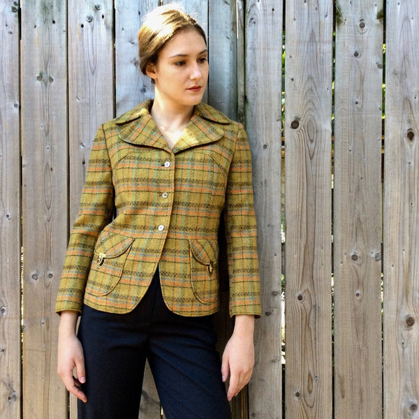 1960s 1970s Mustard Green Fitted Plaid Wool Blazer S M Boheme Vintage