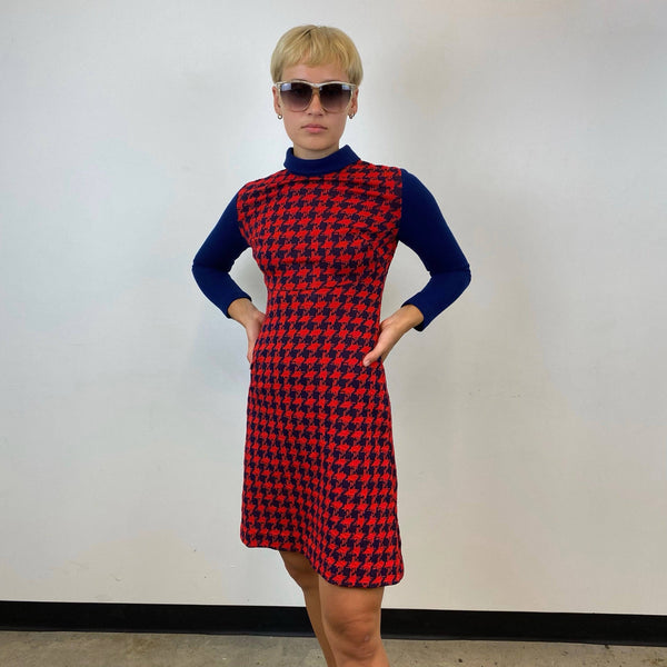 1960s-70s Long Sleeve Houndstooth Dress S