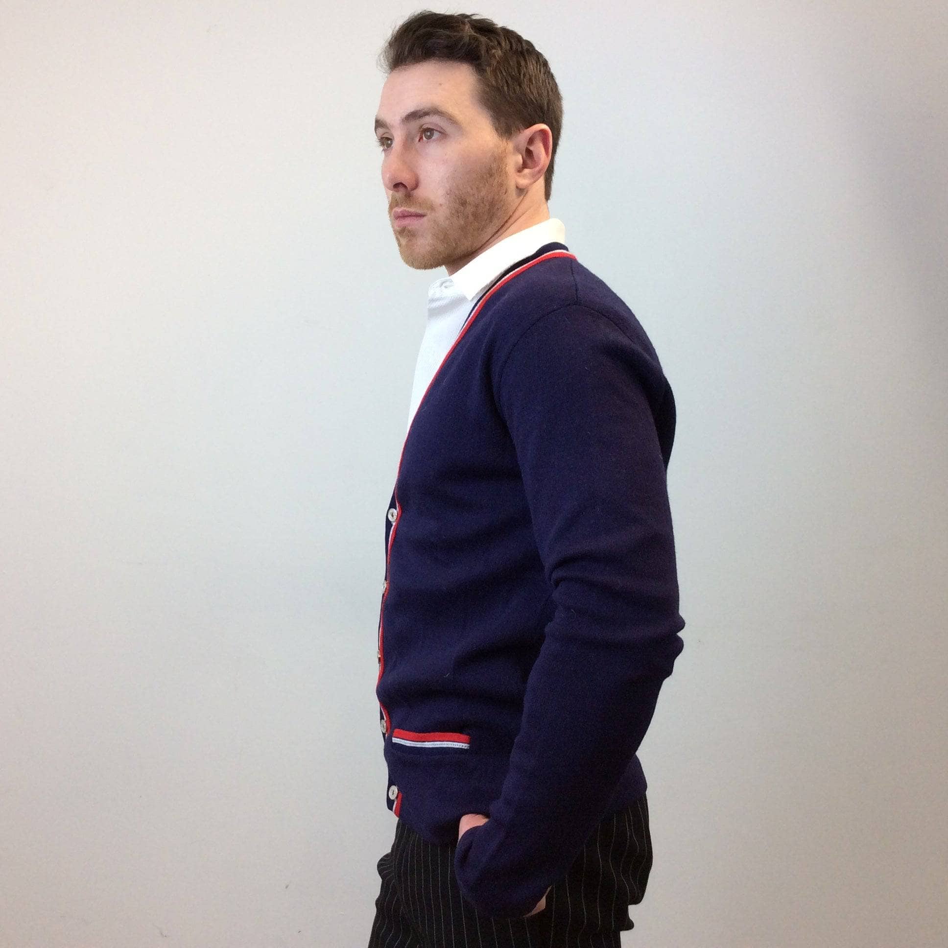 Side view of 1960s-70s Men's Air France Cardigan Size Small, sold by bohemevintage.com Montréal