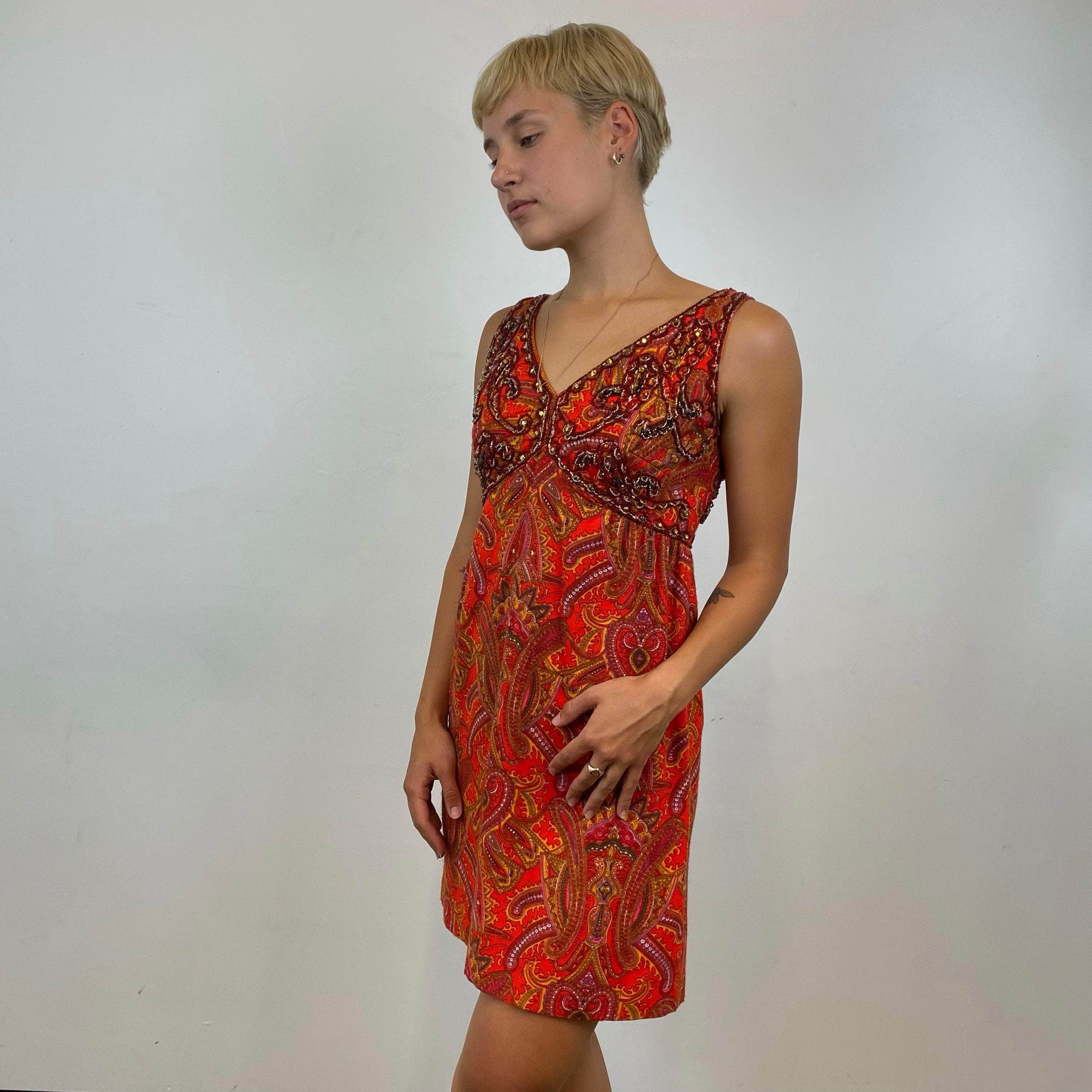 1960s Red Beaded Paisley Print Empire Waist Mini Dress- Size Small, Embellished with Beads and Rhinestones , V-Shape Neckline