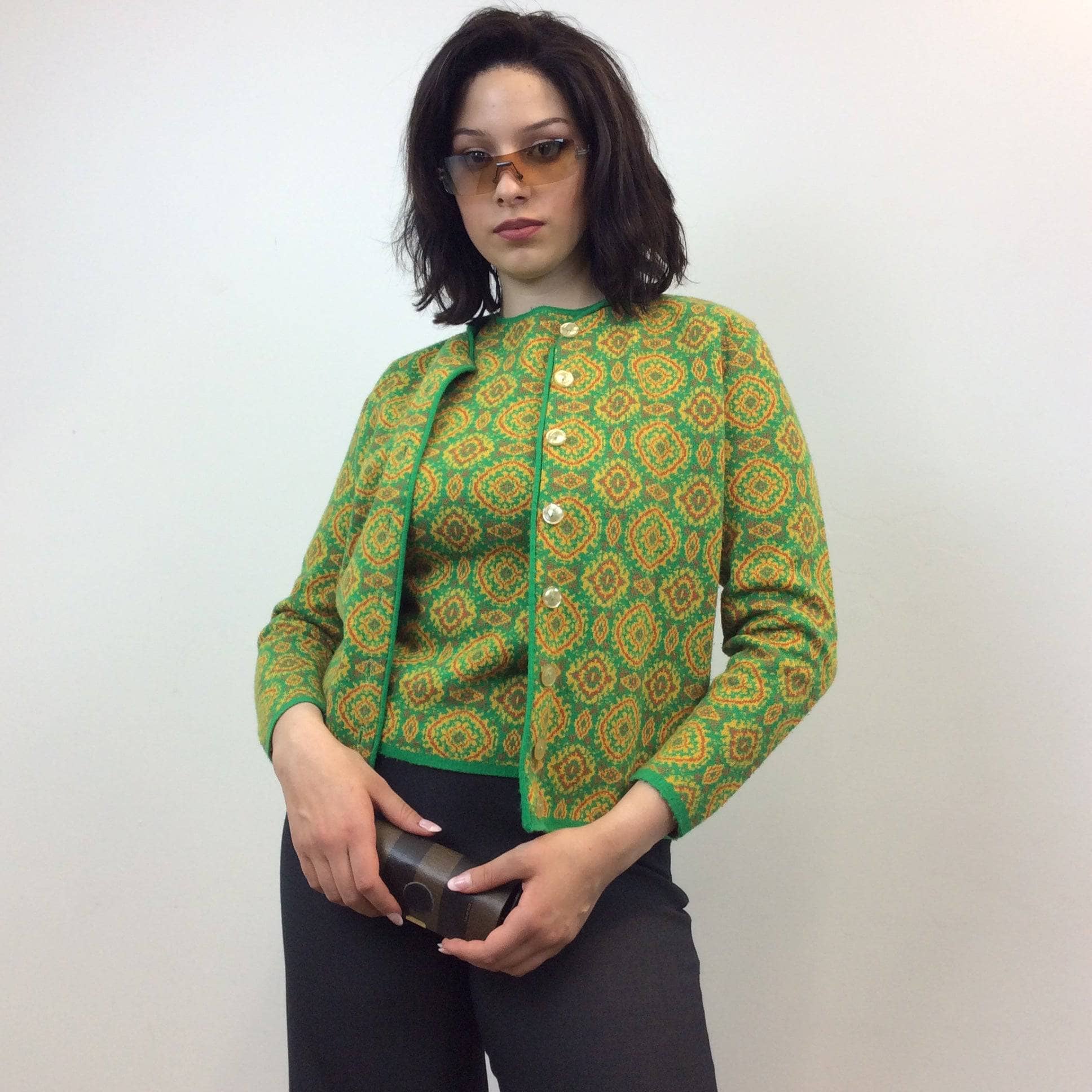 1960s Green and Yellow Knitted Blazer and Cami Set Size Small/Medium. Sold by bohemevintage.com Montréal