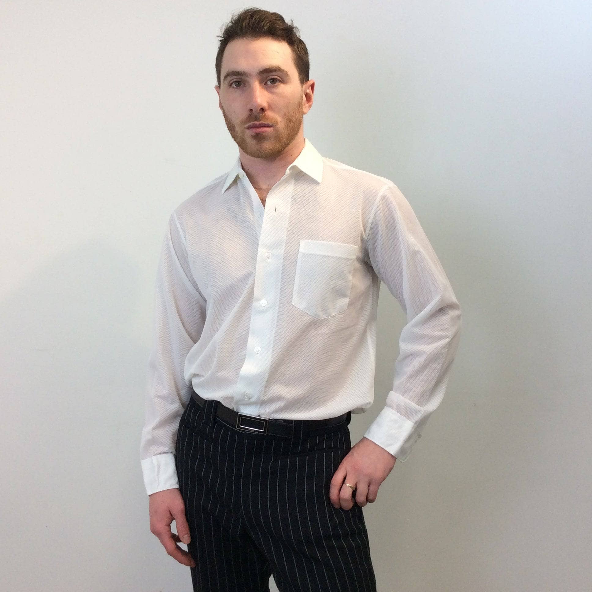 mesh dress shirt men 1960s Men's White Mesh-Style Shirt Medium
