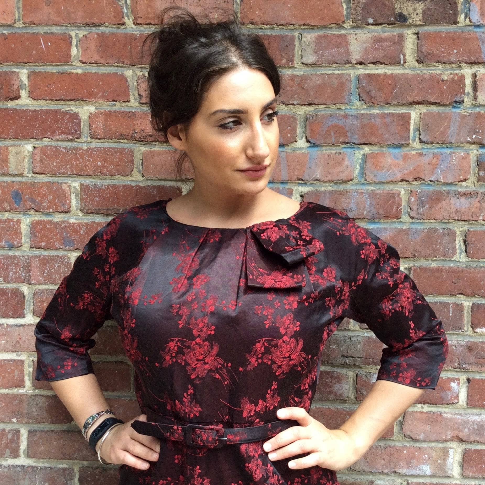 Upper Close-Up of 1960s Red and Black Floral Satin Brocade Sheath Cocktail Dress. Sold by bohemevintage.com Montreal