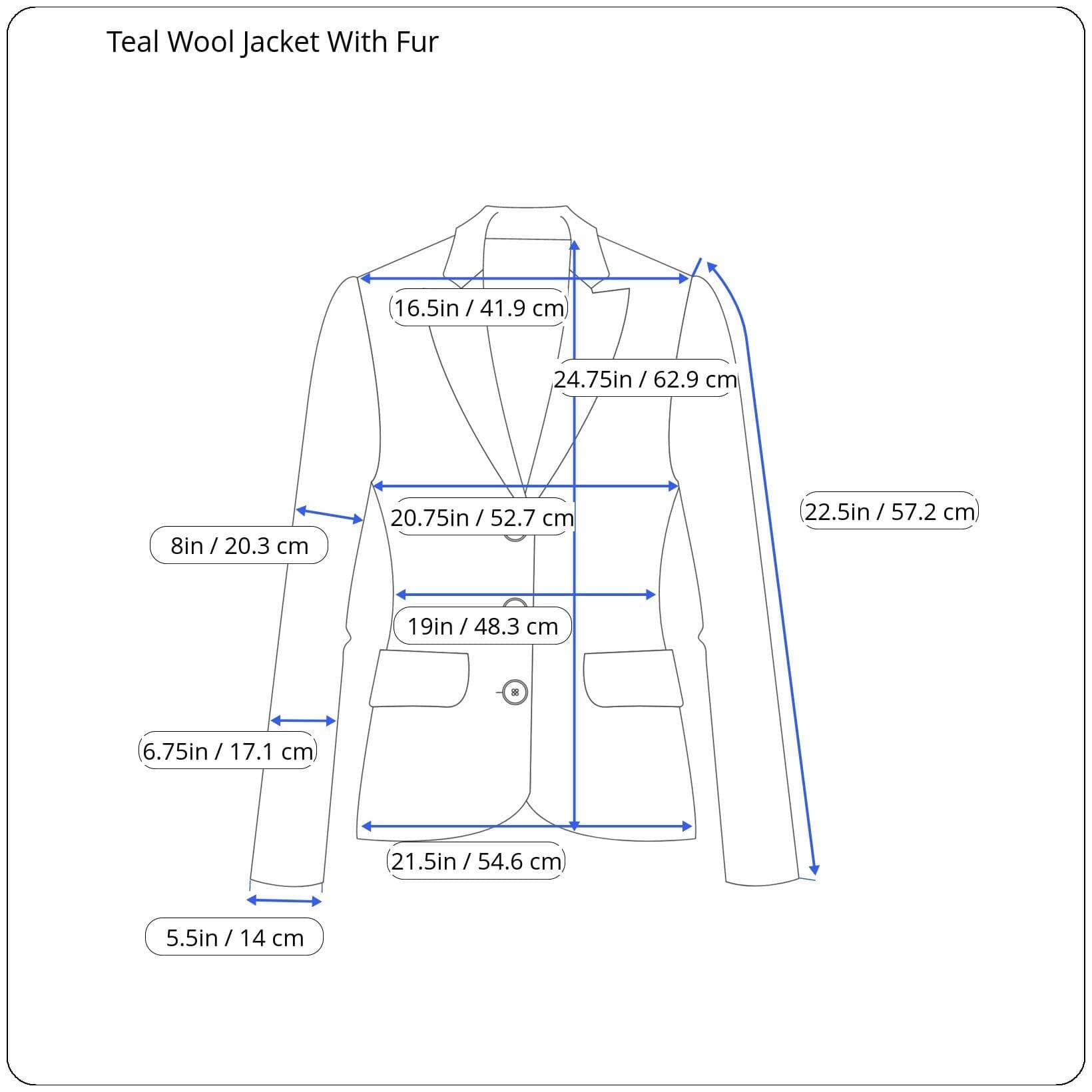 Measurements of 1960s Teal Wool Jacket With Fur Collar Size Medium sold by bohemevintage.com Montréal
