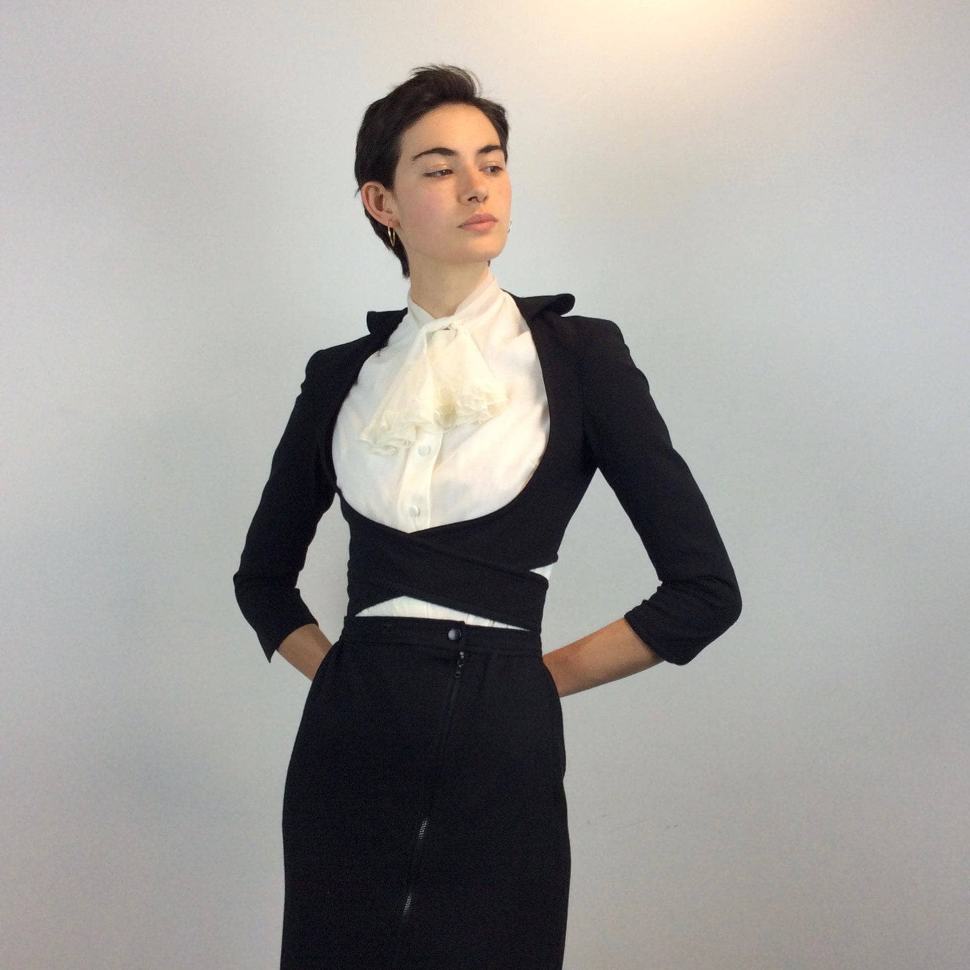 1970s-1980s Courrèges Black Cashmere and Wool Midi Pencil Skirt Size Small Sold by Boheme Vintage Montreal