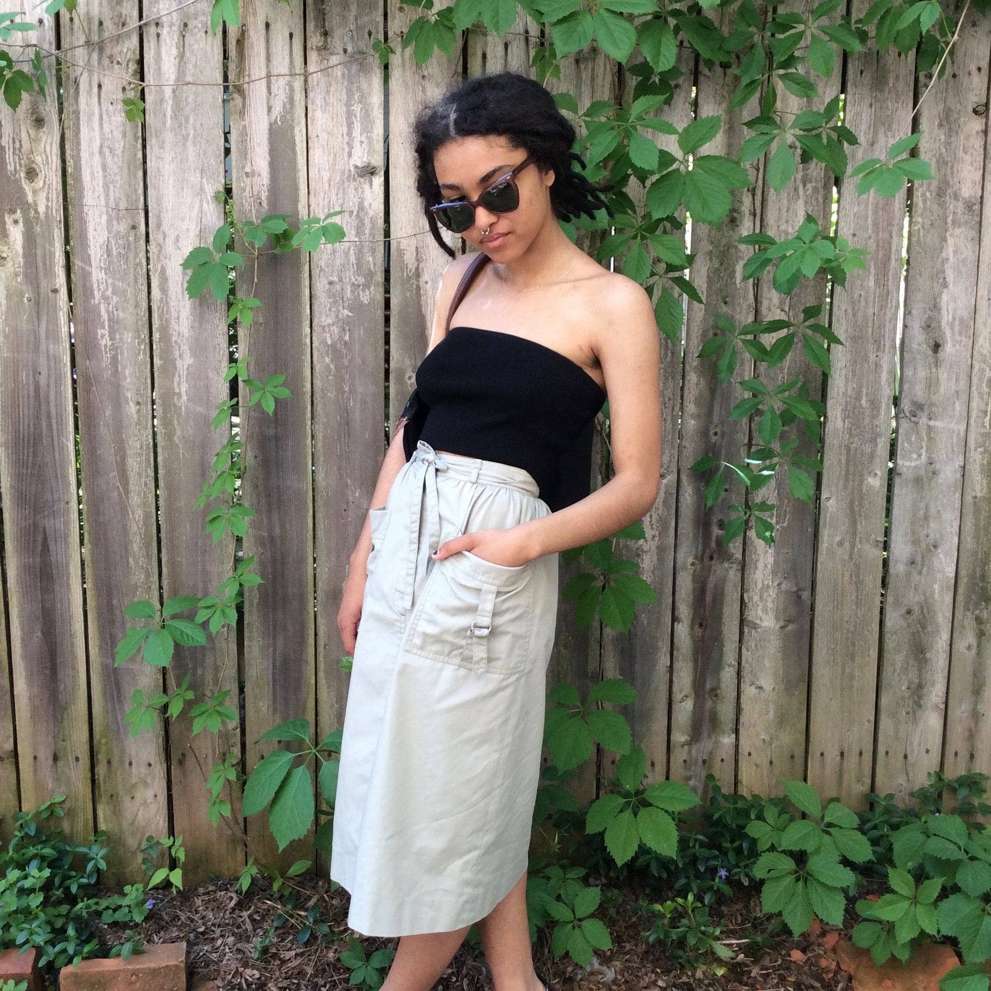 Side View of 1970s- 80s Designer Christian Dior Cargo Beige Cotton Skirt, sold by bohemevintage.com Montréal