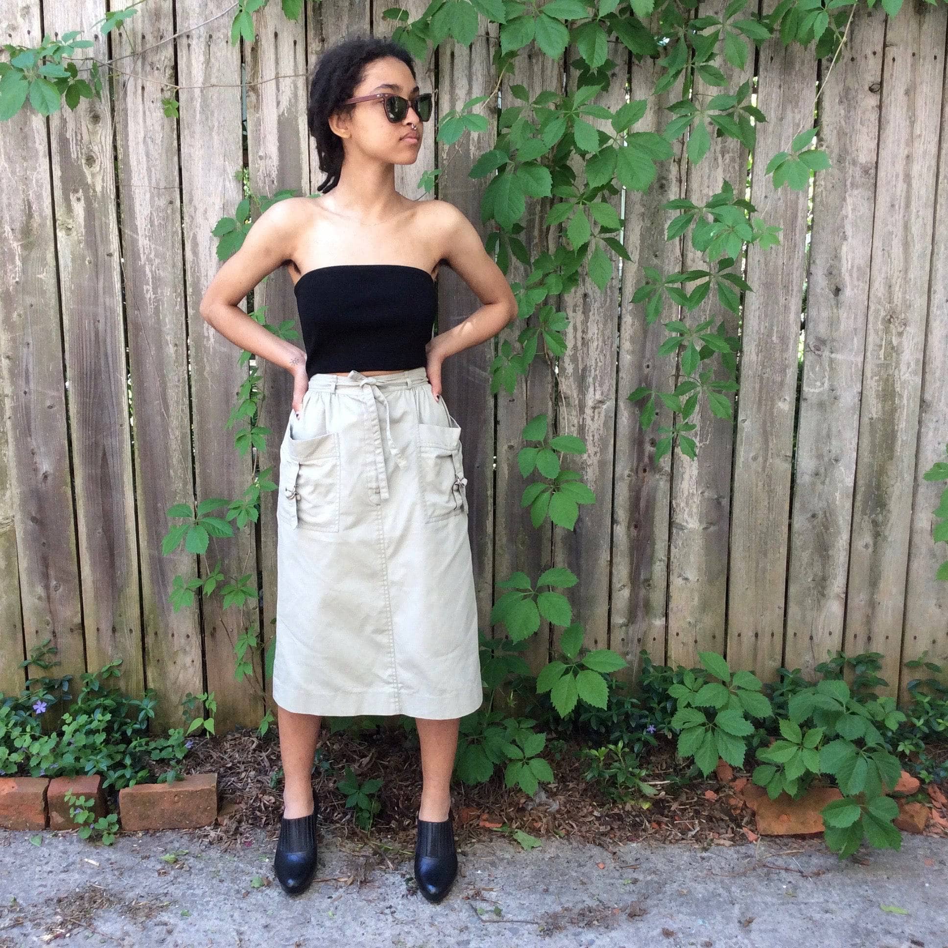 1970s- 80s Designer Christian Dior Cargo Beige Cotton Skirt, sold by bohemevintage.com Montréal