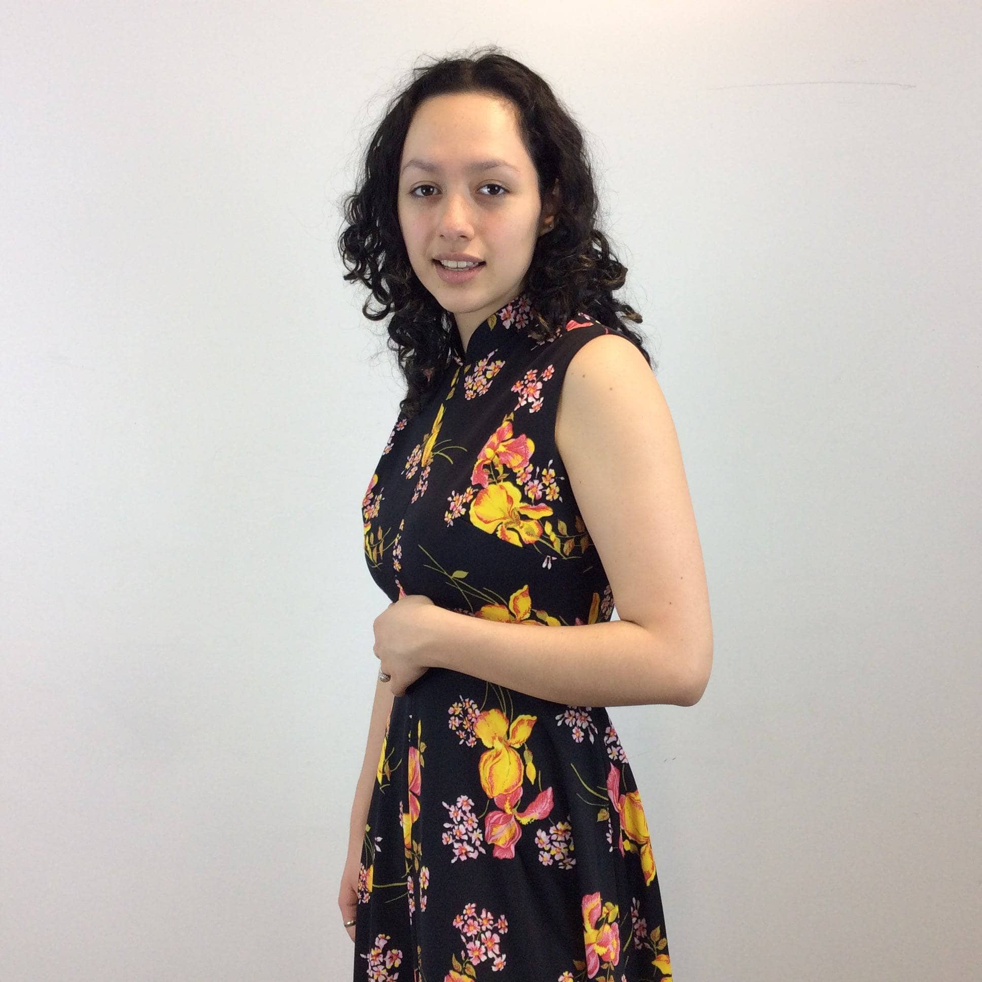 Side view of 1970s Floral Print Fit and Flare Maxi Dress Size Medium sold by bohemevintage.com