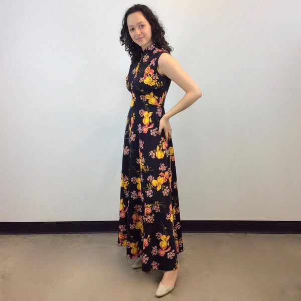 1970s Floral Print Fit and Flare Maxi Dress M Boh me Vintage