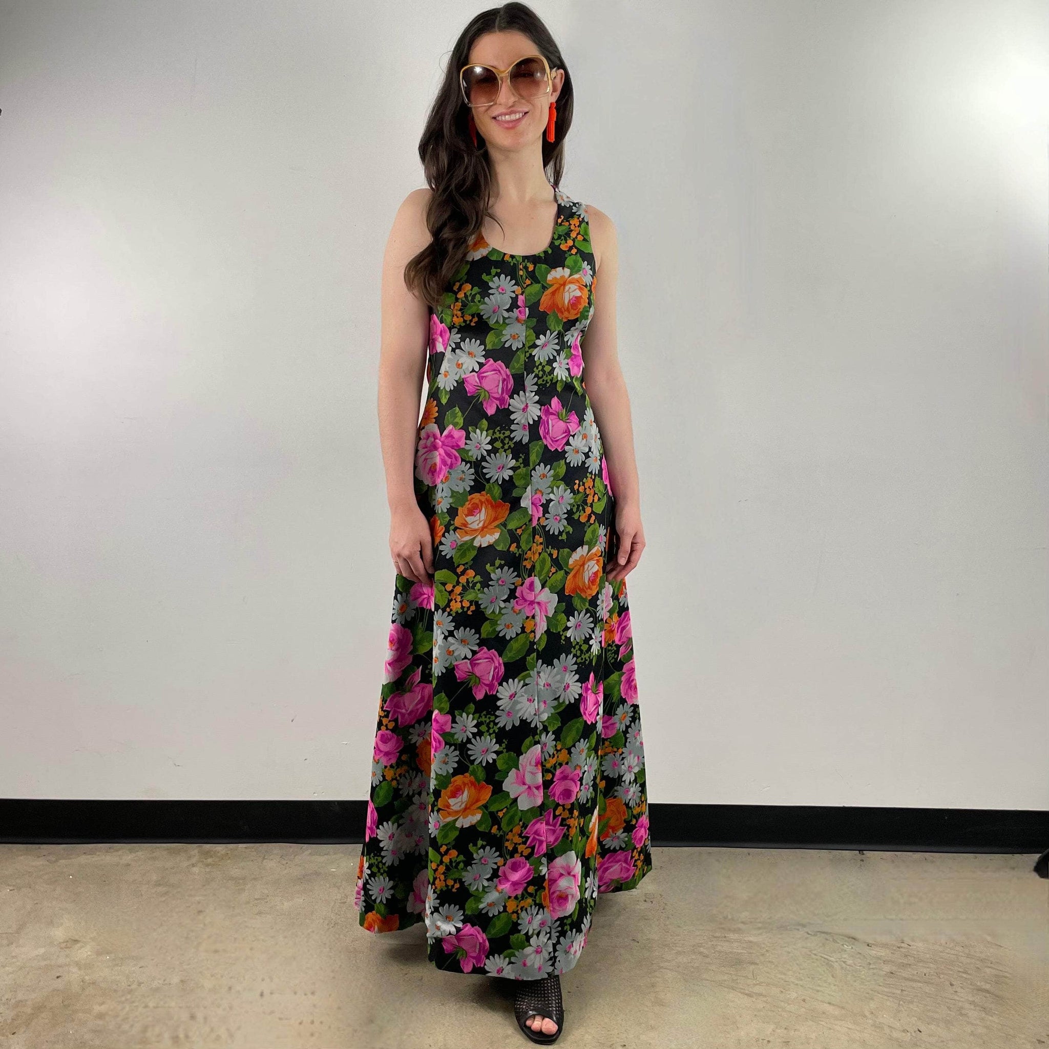 1970s Floral Print Flared Maxi Dress Medium