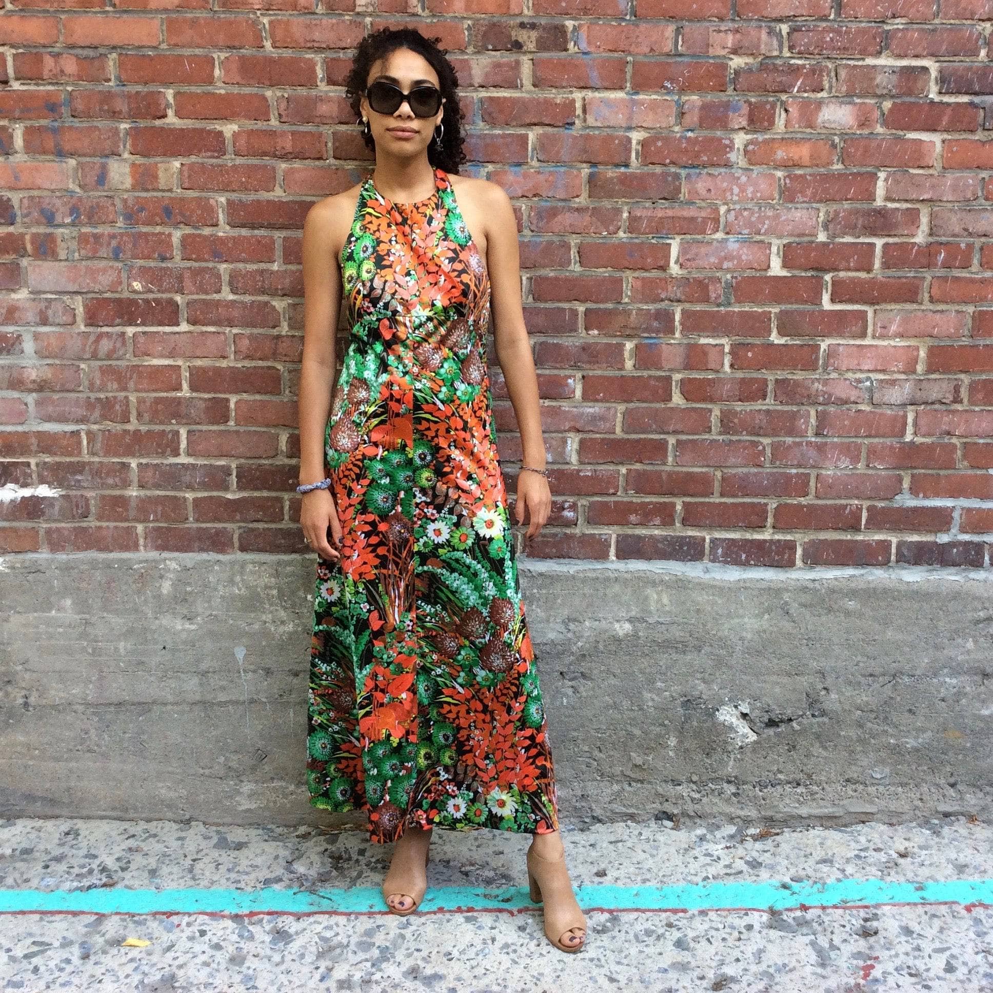 1970s Flower Print Halter Top Maxi Dress Size Small/Medium, sold by bohemevintage.com Montréal