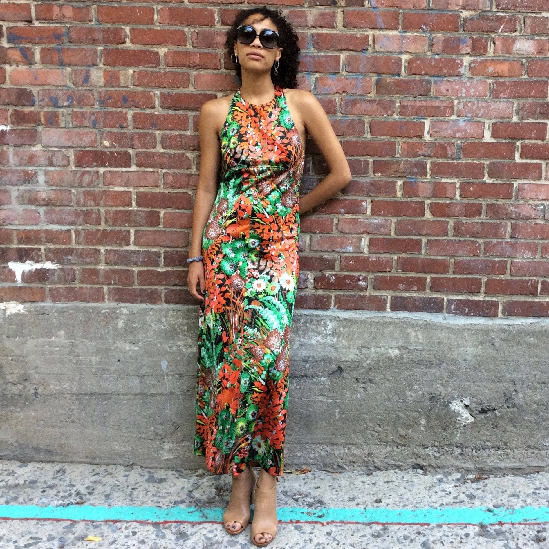 1970s Flower Print Halter Top Maxi Dress Size Small/Medium, sold by bohemevintage.com Montréal