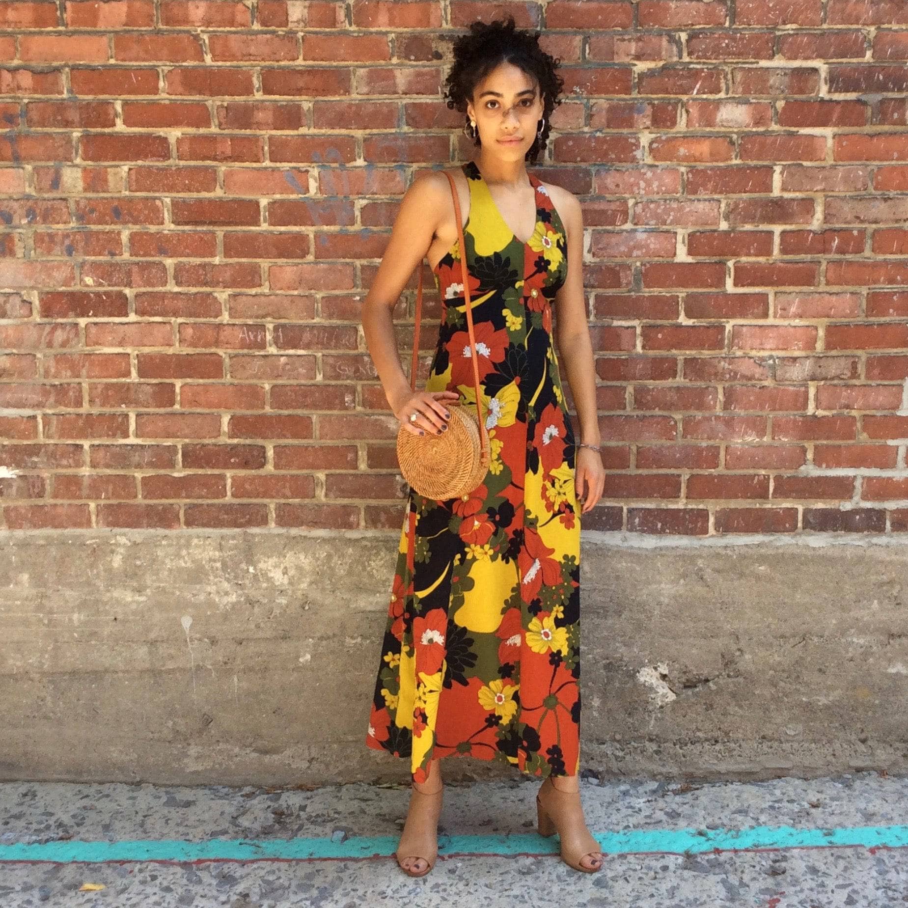 1970s Bold floral print Hawaiian Halter top, empire waist maxi dress Sold by bohemevintage.com, Montréal