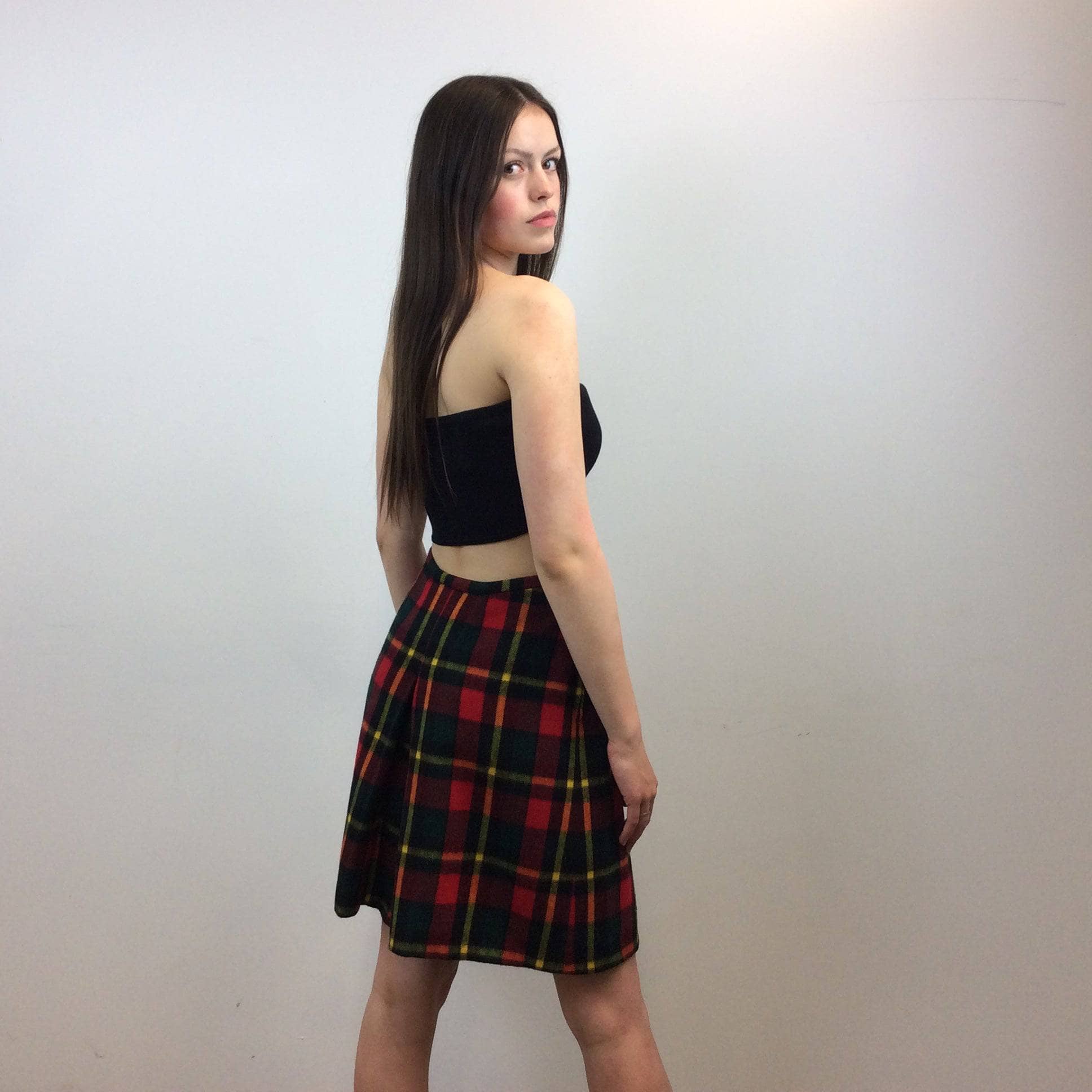 Handmade High-Waisted Knee-Length Wool Plaid Skort, Size Small