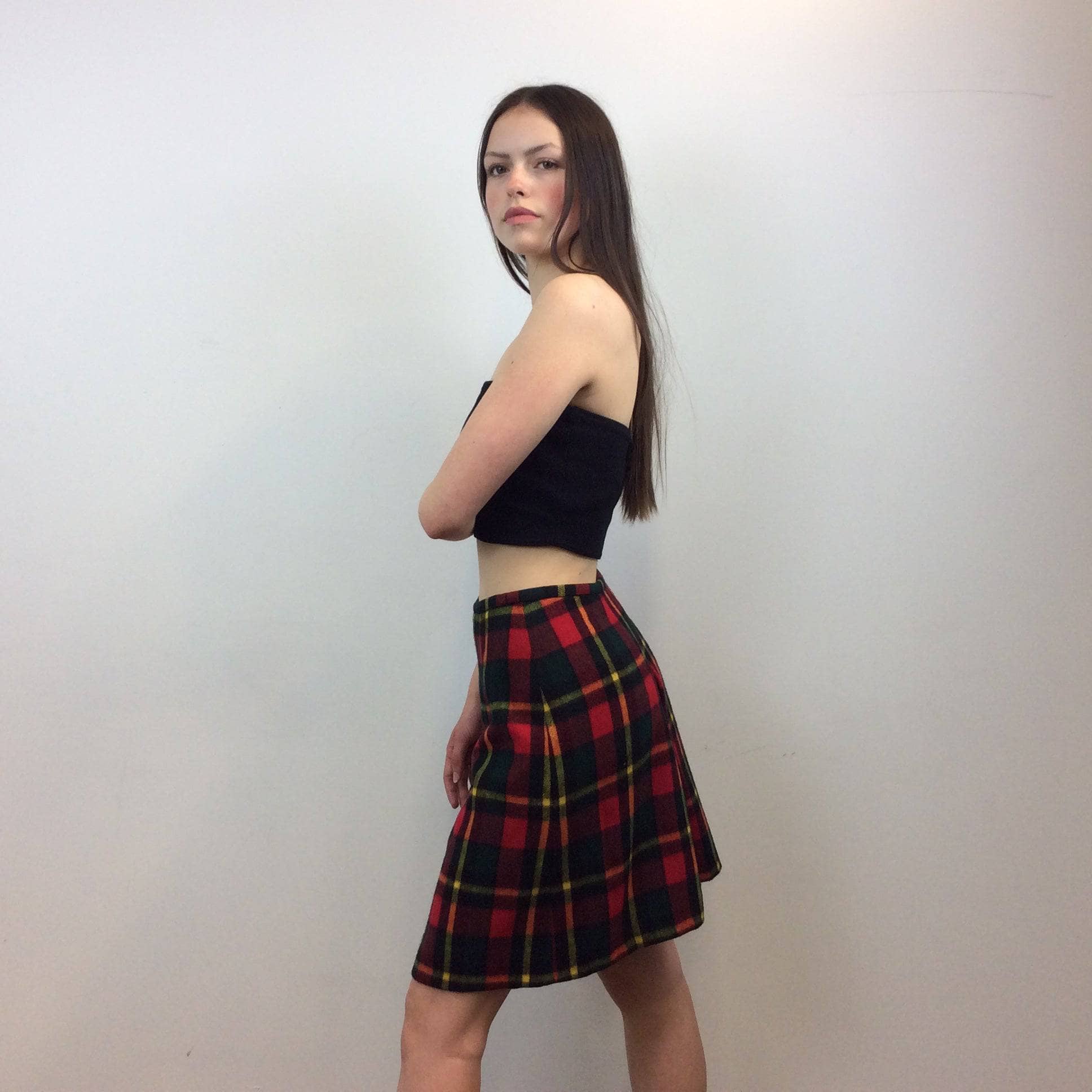 Handmade High-Waisted Knee-Length Wool Plaid Skort, Size Small