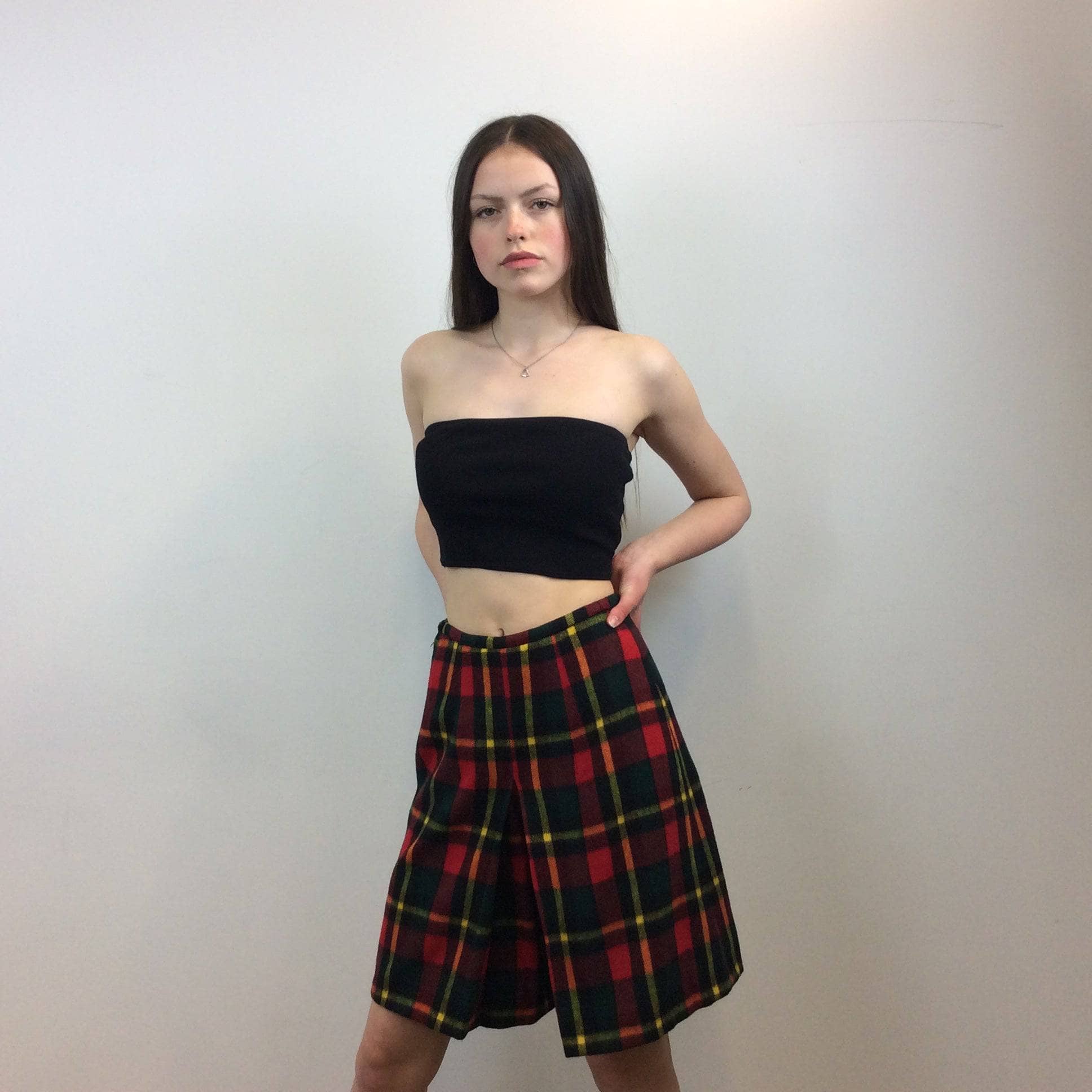 Handmade High-Waisted Knee-Length Wool Plaid Skort, Size Small