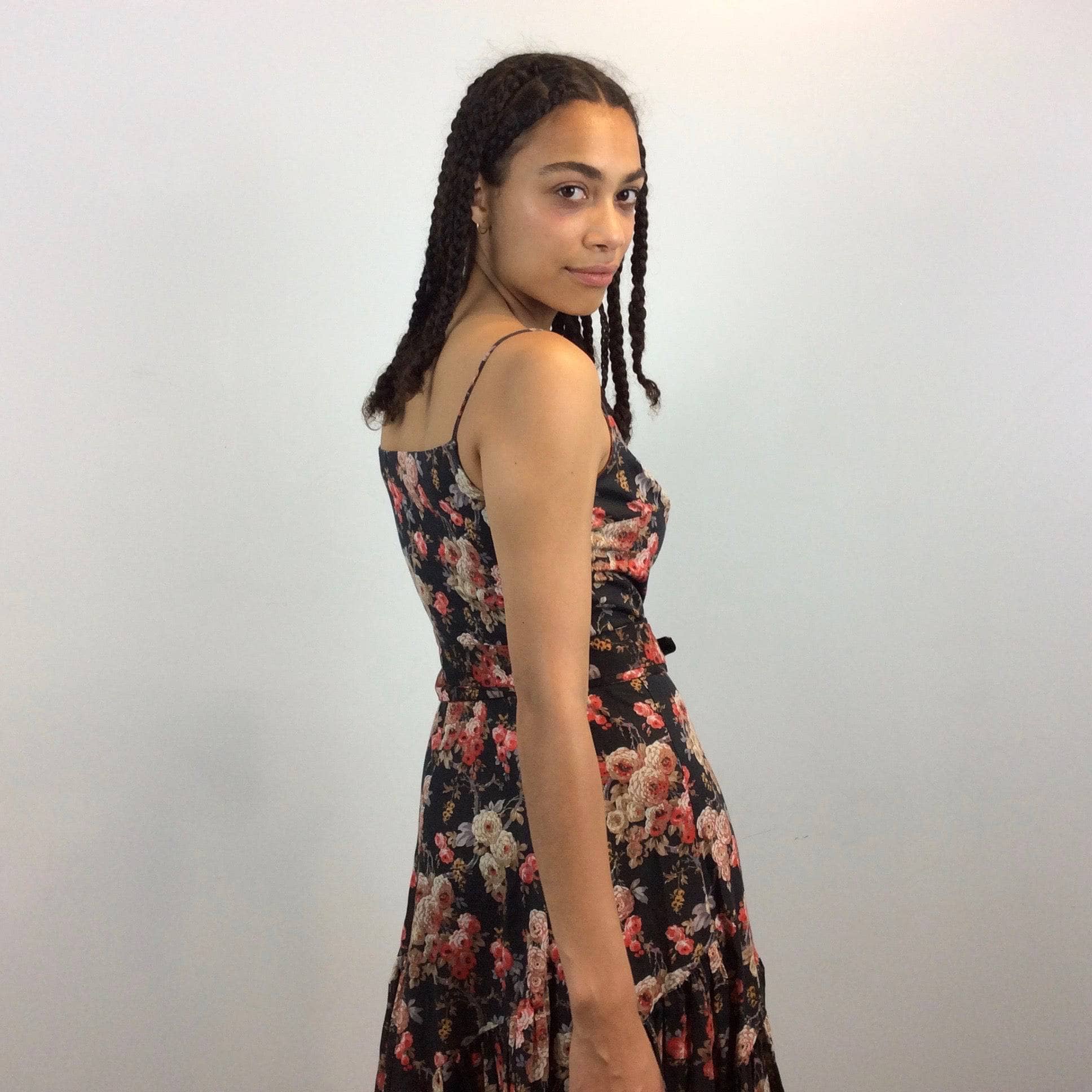 1970s Jean Jourdan Paris Floral Print Ruffle Midi Dress size Small sold by bohemevintage.com Montréal