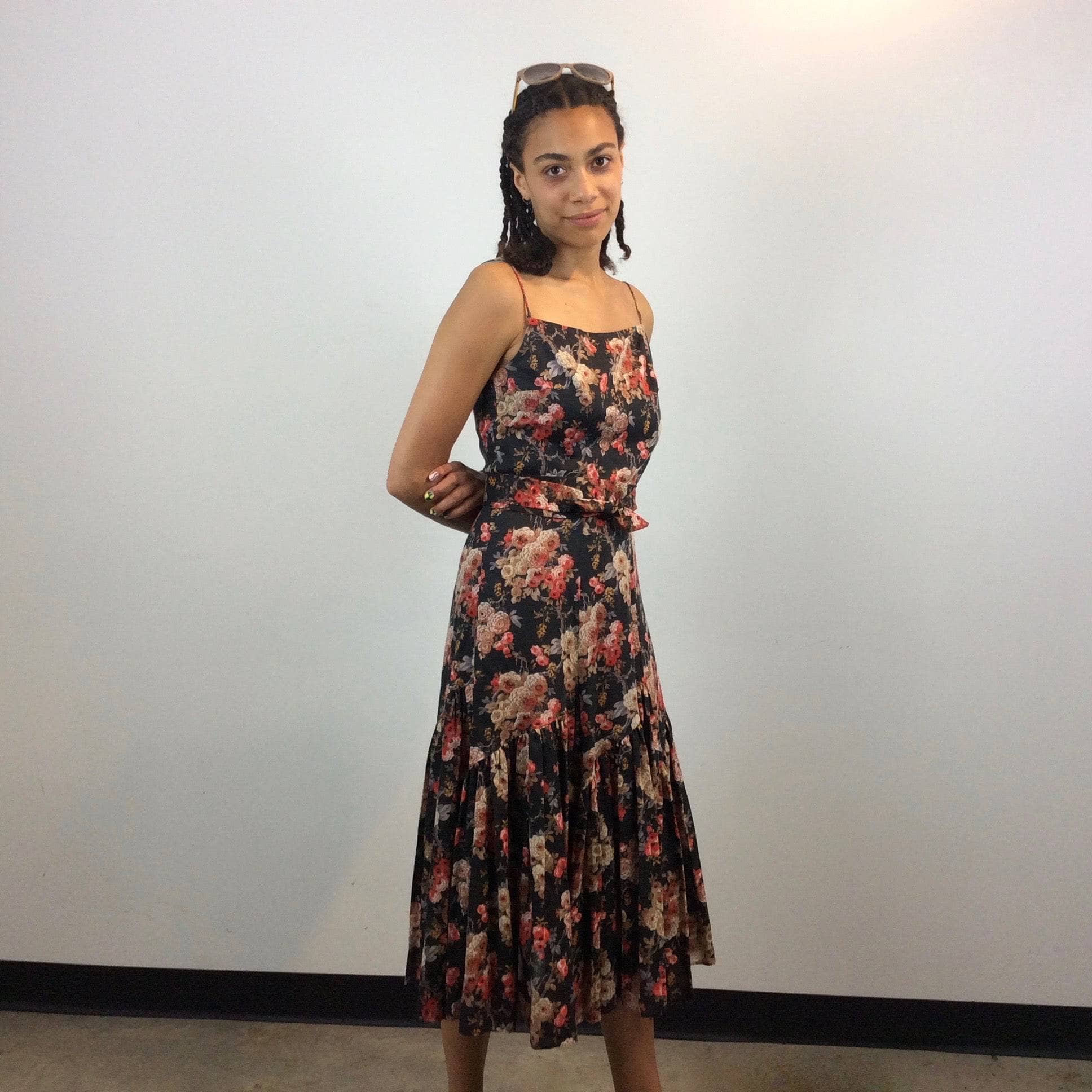 1970s Jean Jourdan Paris Floral Print Ruffle Midi Dress size Small sold by bohemevintage.com Montréal