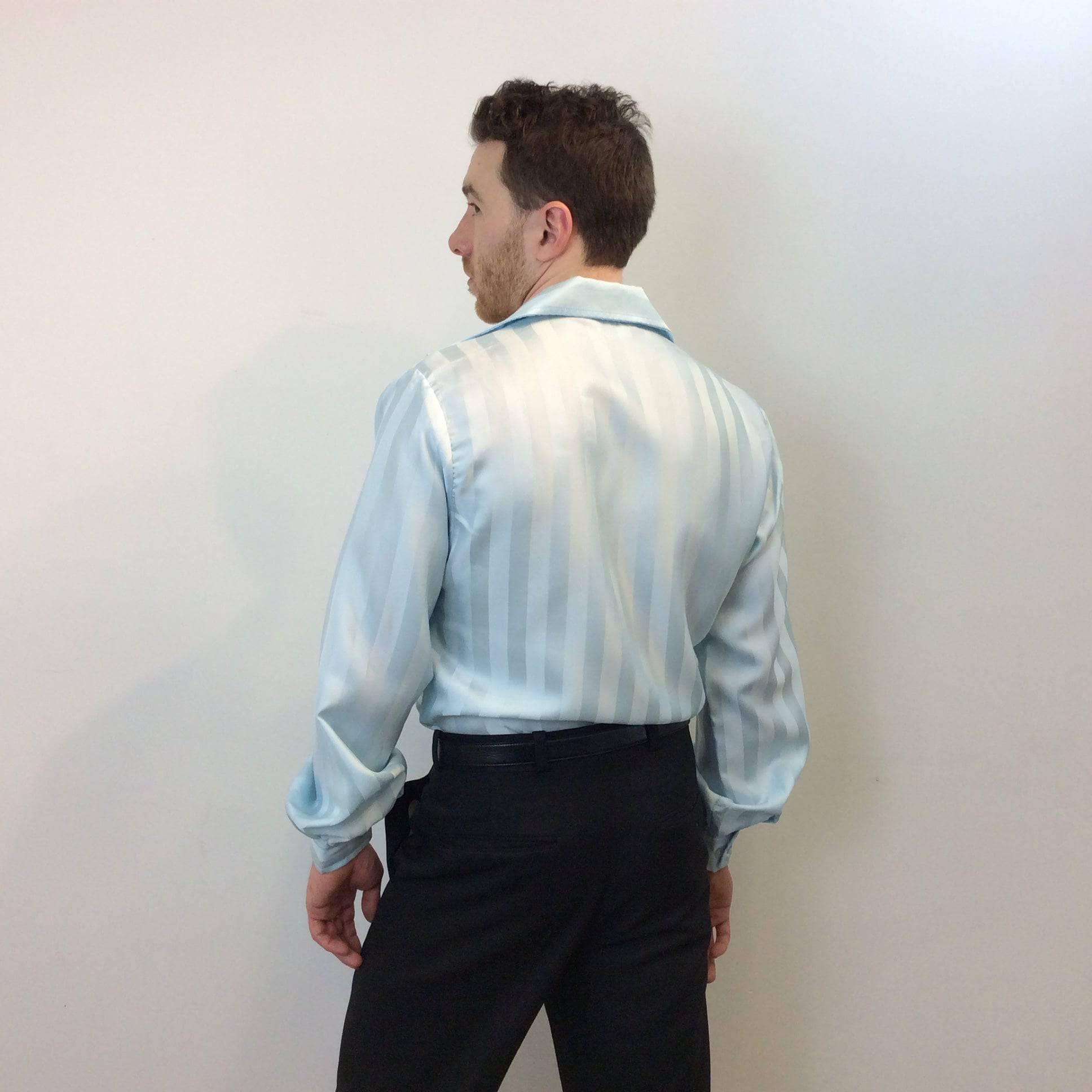Back view of 1970s Disco Men's Light Blue Popover Disco Shirt, sold by bohemevintage.com Montréal