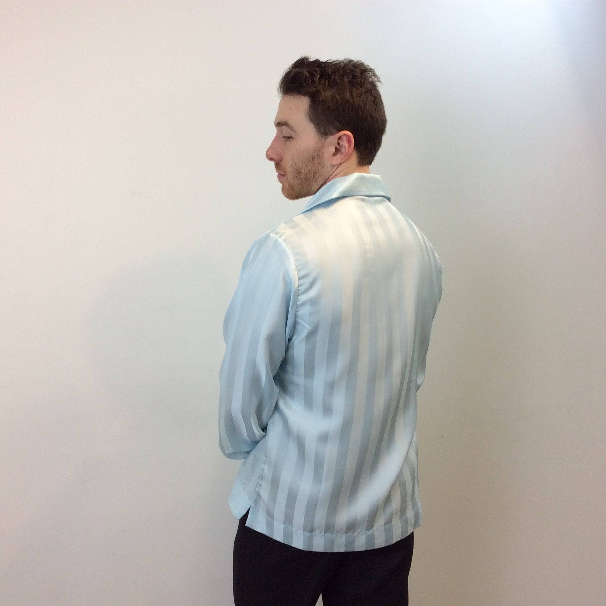 Back view of 1970s Disco Men's Light Blue Popover Disco Shirt, sold by bohemevintage.com Montréal