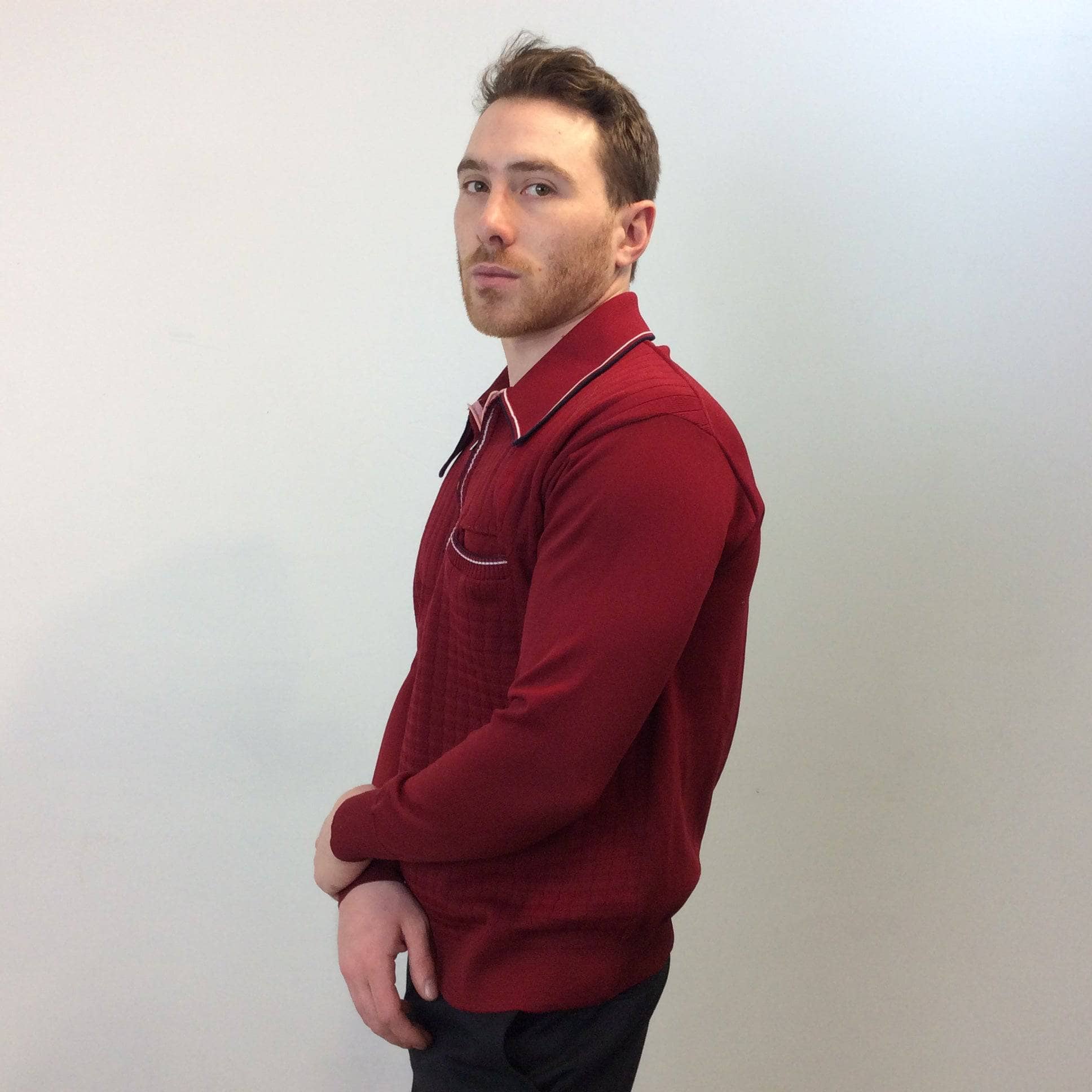 Side view of 1970s Men's Burgundy Long Sleeve Knit Polo, sold by bohemevintage.com Montréal