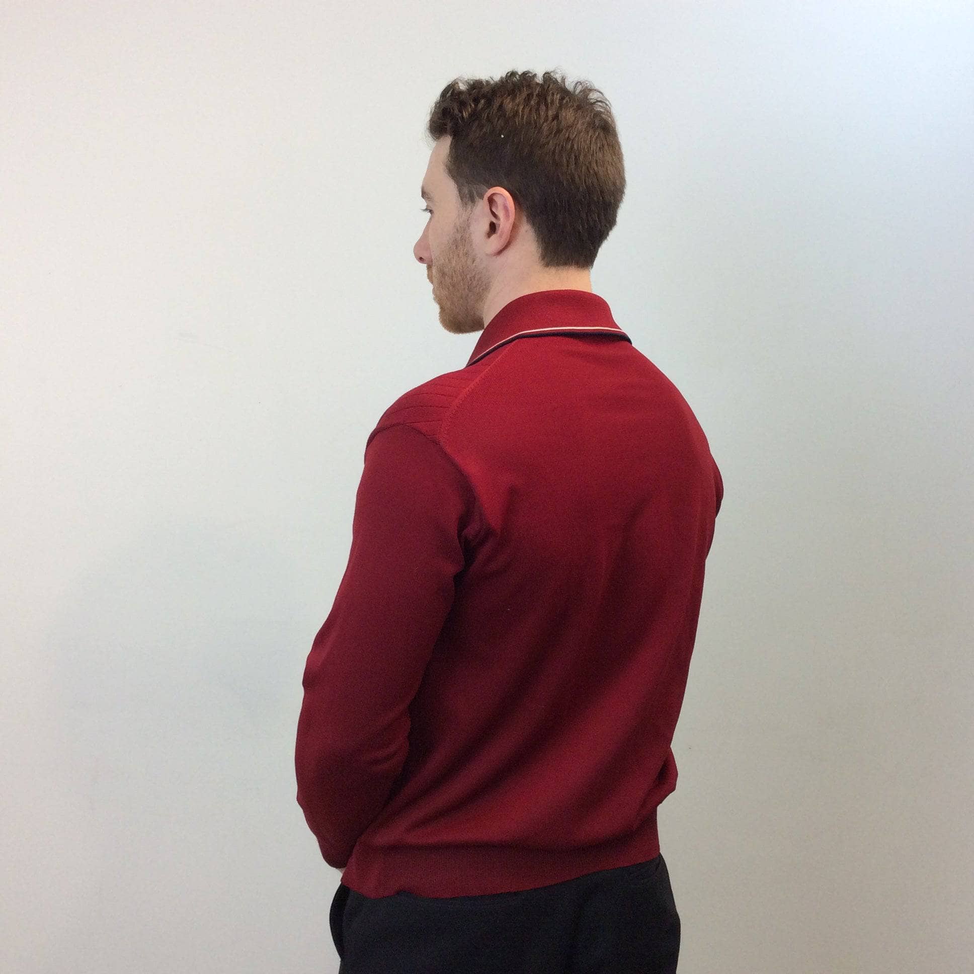 Back view of 1970s Men's Burgundy Long Sleeve Knit Polo, sold by bohemevintage.com Montréal