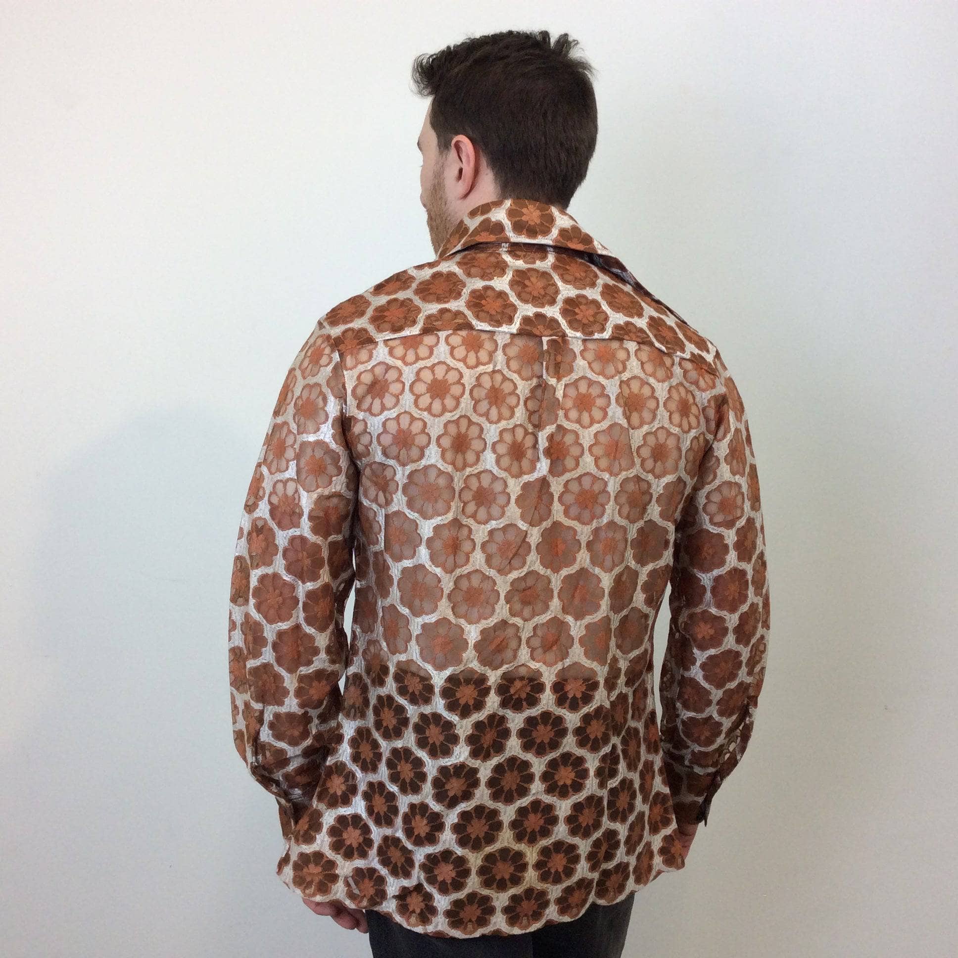 Back view of 1970s Men's Dead stock See-Through Disco Shirt Size Medium sold by bohemevintage.com Montreal