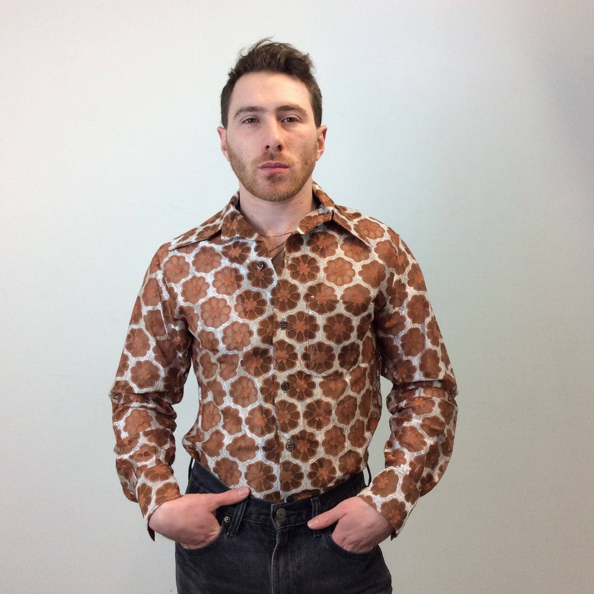 1970s Men's Dead stock See-Through Disco Shirt Size Medium sold by bohemevintage.com Montreal