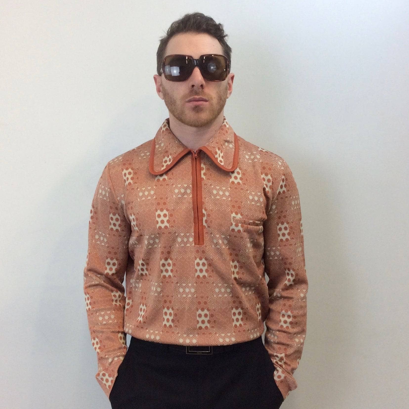 1970s Men's Long-Sleeve Zip-Up Polo, sold by bohemevintage.com Montréal