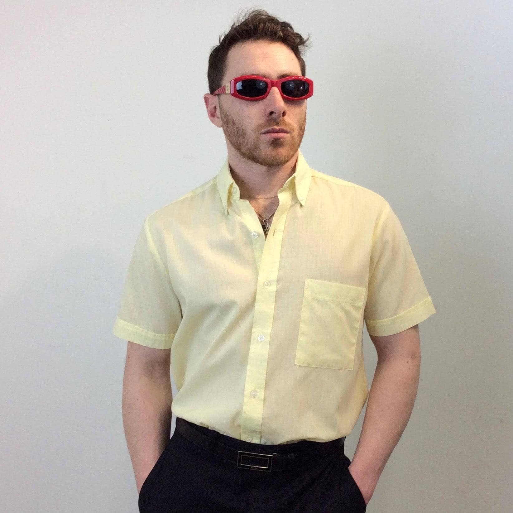 1970s Men's Yellow Short-Sleeve Dress Shirt M | Bohme Vintage