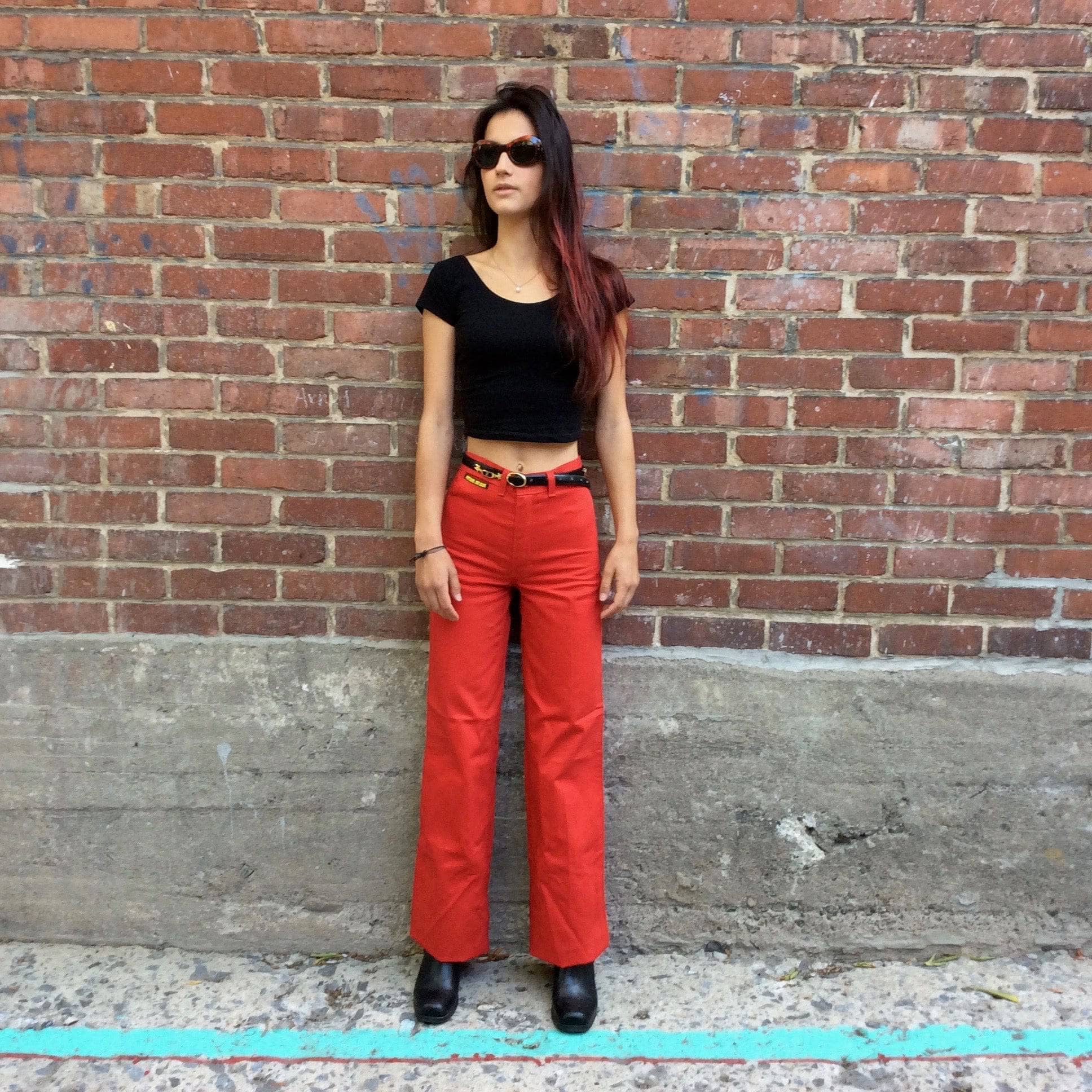1970s "Just Jeans" Original High-Waisted Red Jeans, sold by bohemevintage.com Montréal