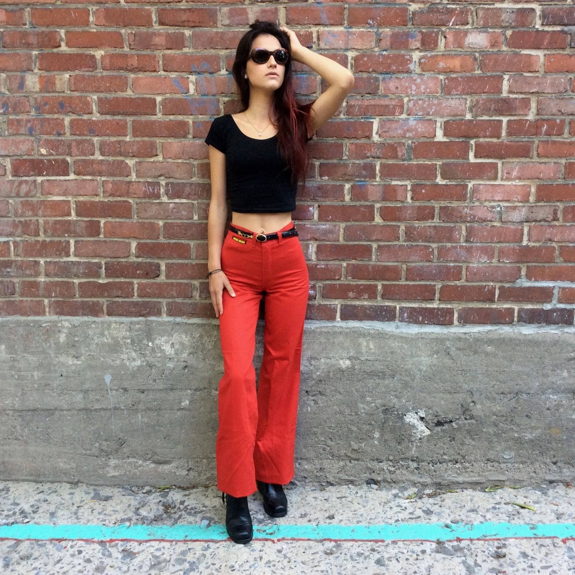 1970s "Just Jeans" Original High-Waisted Red Jeans, sold by bohemevintage.com Montréal