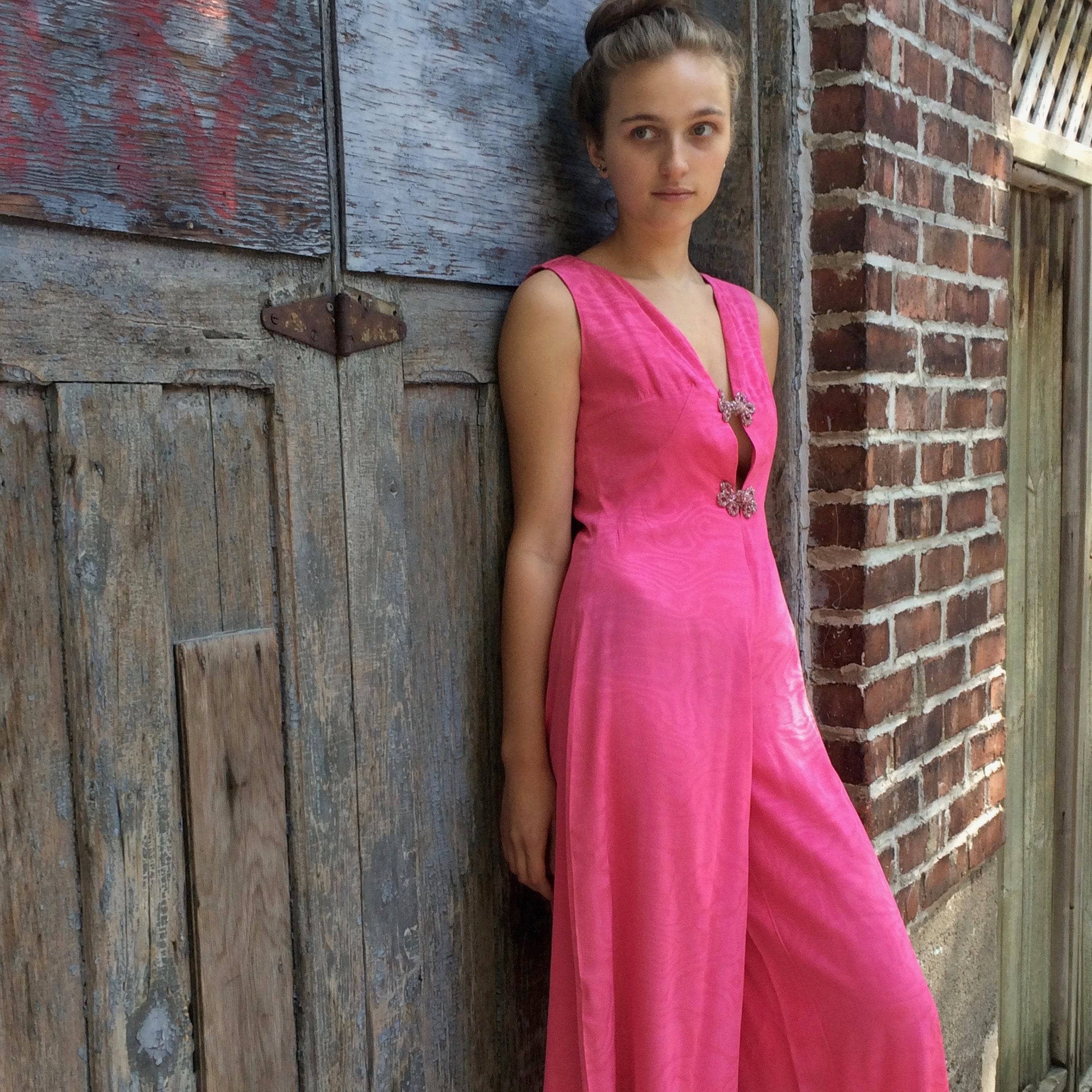 1970s Dressy Plunging Neckline Wide Leg Pink Jumpsuit Small sold by bohemevintage.com