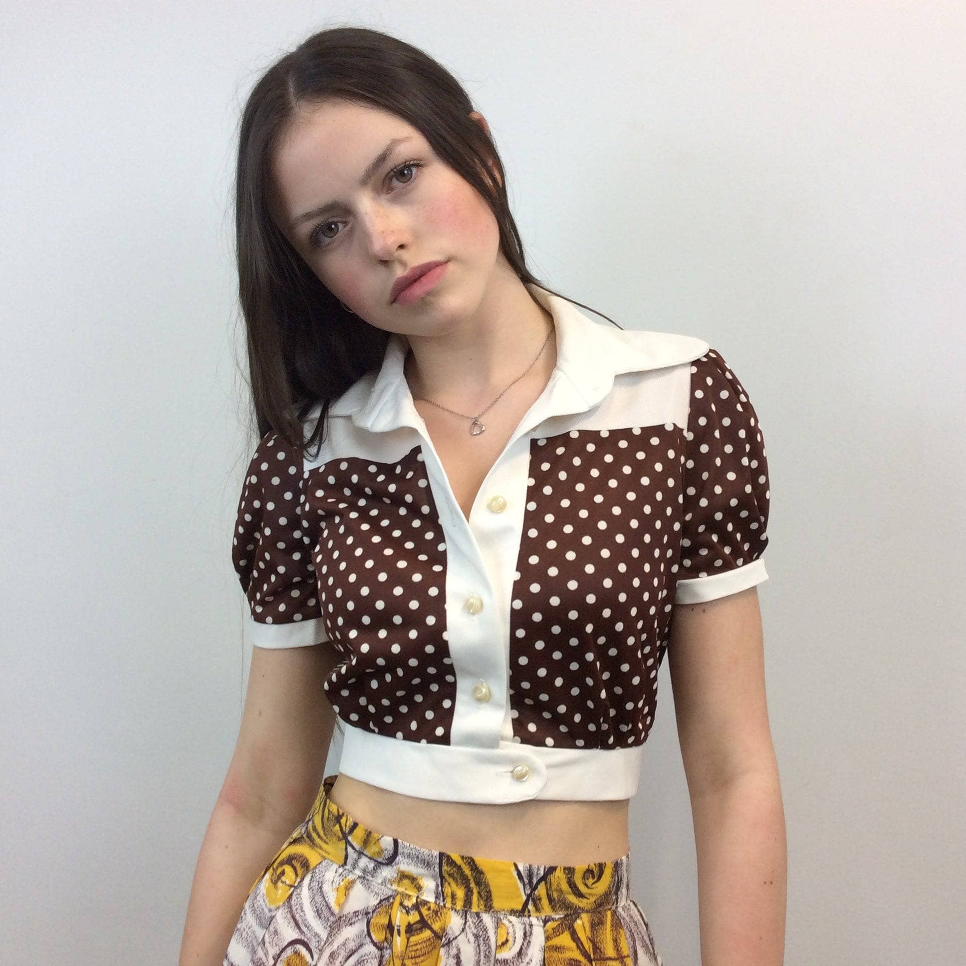 1970s Polka Dot Cropped Puff-Sleeve Blouse, size small, brown, sold by bohemevintage.com Montréal