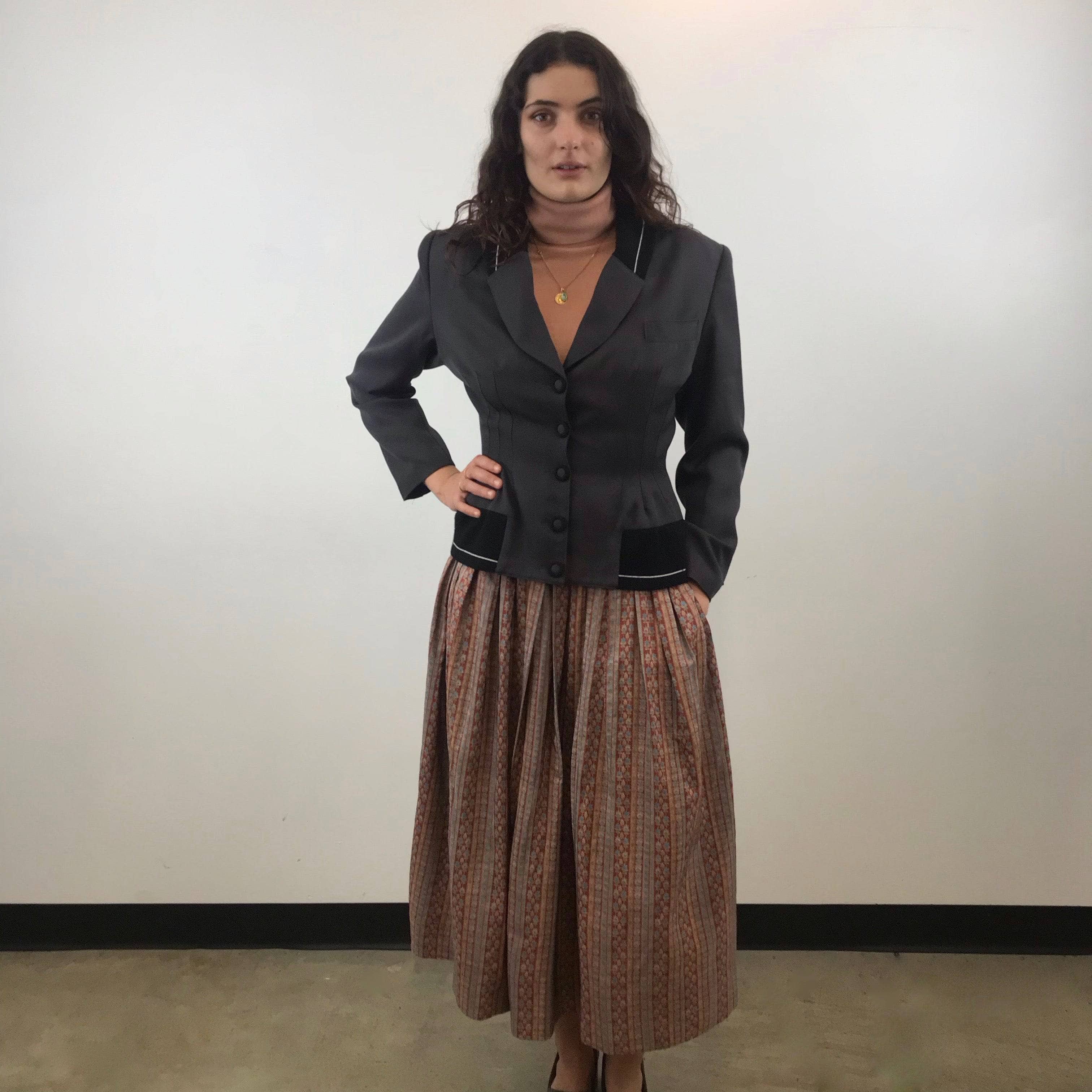 1970s Yves Saint Laurent Rive Gauche Pleated Silk Midi Skirt Size Medium worn with Charcoal colour Blazer sold by bohemevintage.com Montreal